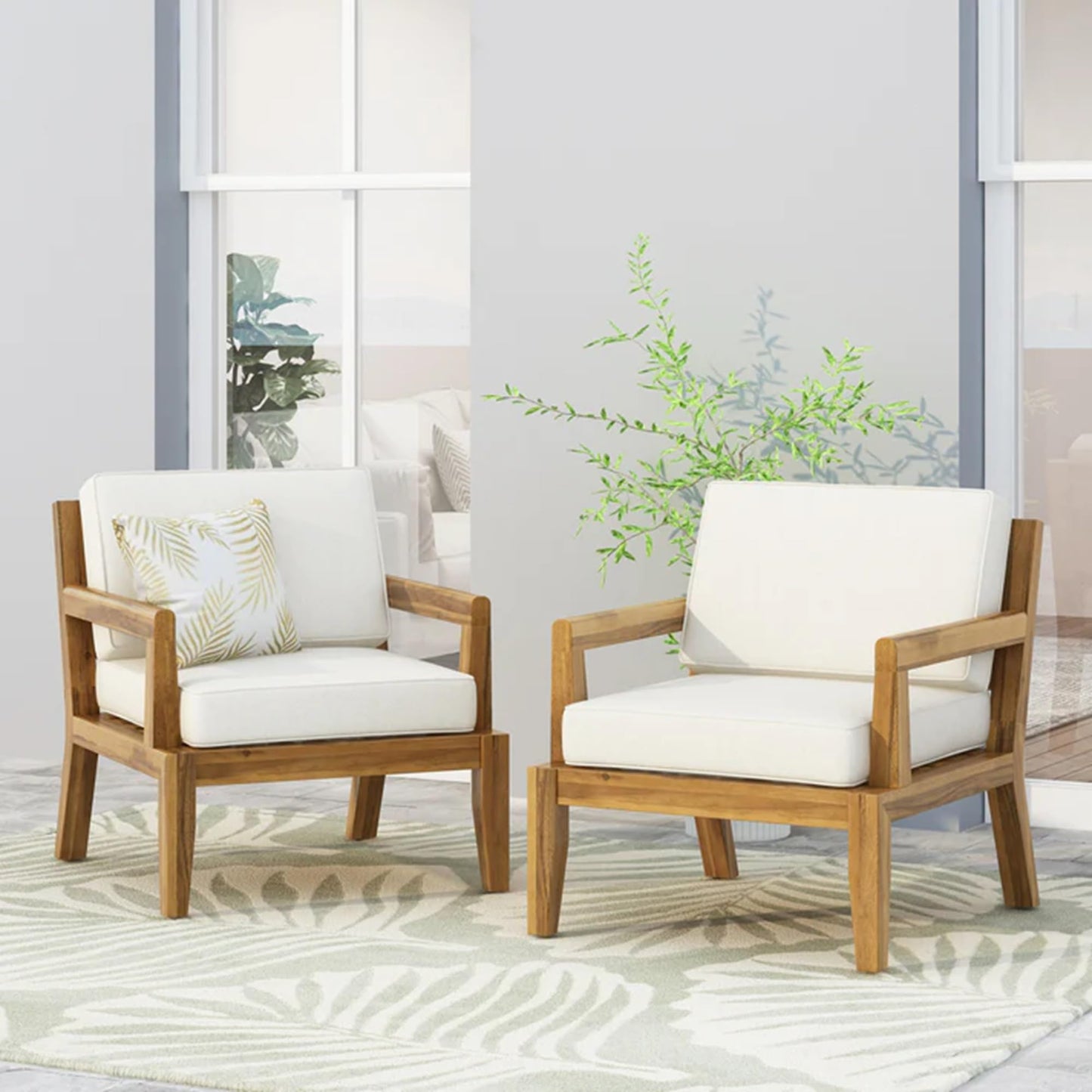 Merax Outdoor Patio Club Chairs,Set of 2,Acacia Wood Frame Conversation Set with Cushion for Porch Backyard,Classic Style