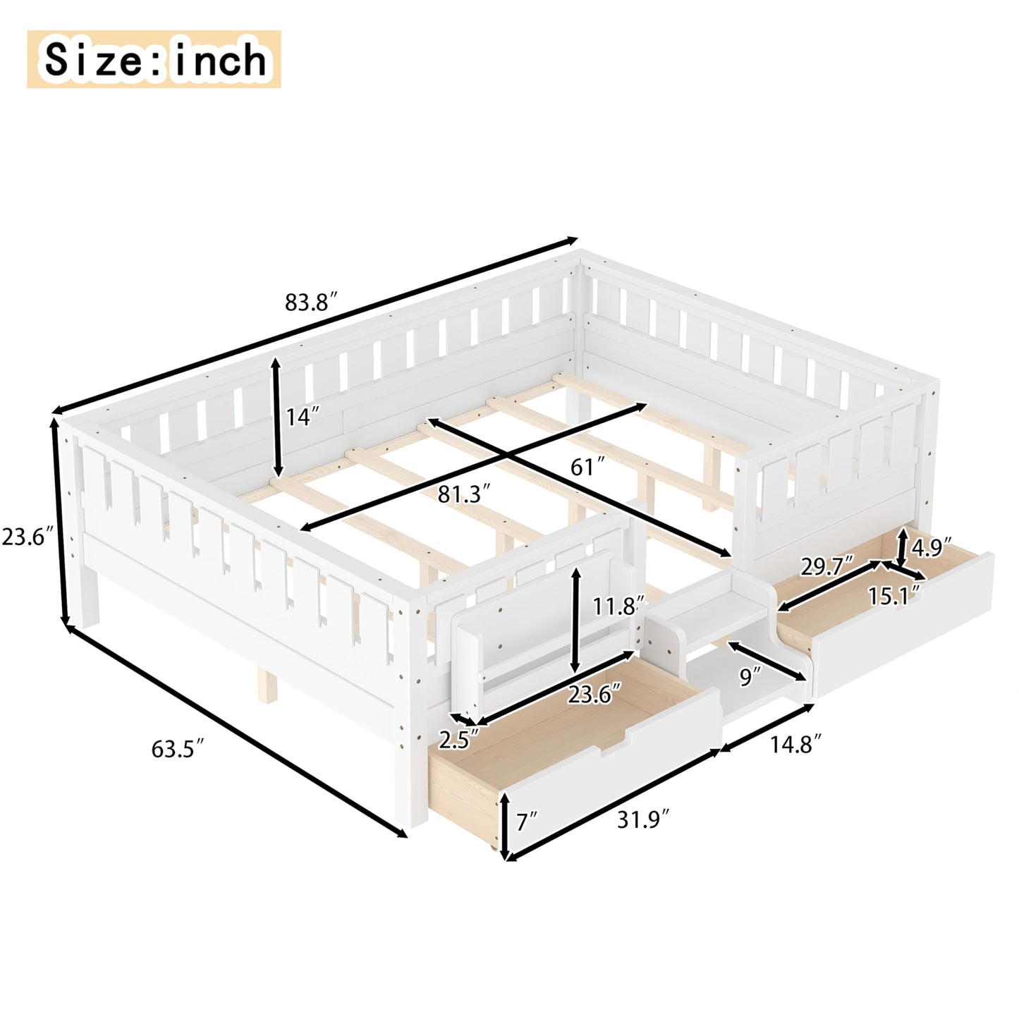 Queen Platform Bed with Storage Drawers and Bookshelves, Kids Platform Bed Frame with Low-profile Stairs and Full-length Guardrails, Queen Bed Frame for Boys, Girls, No Box Spring Needed, White