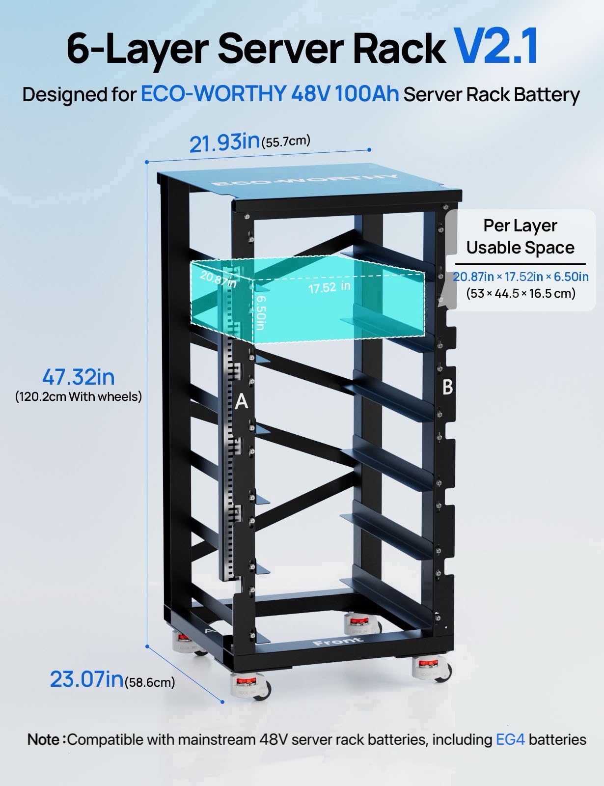 ECO-WORTHY RACK6 V2.1, 6-Layer Server Rack with 600A Busbar, Compatible with Mainstream Brands' Sever Rack Battery