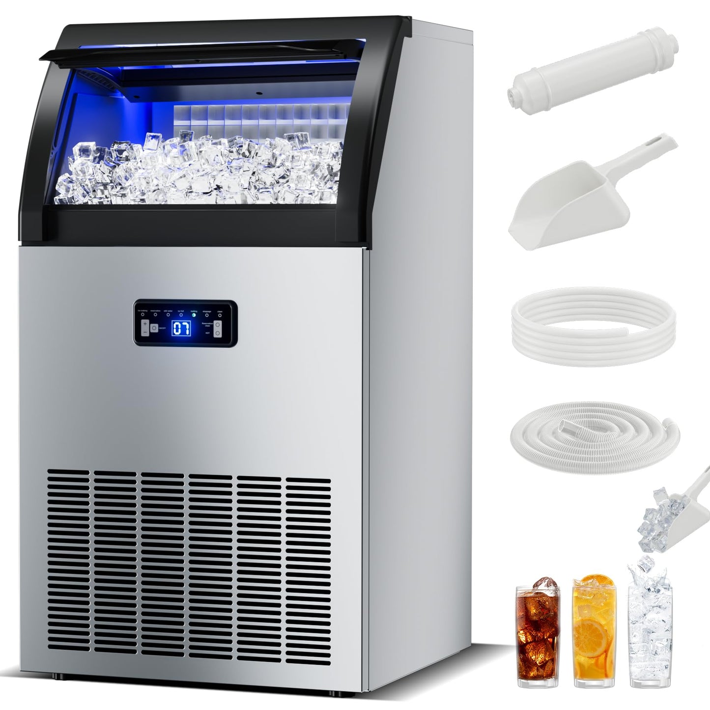 Commercial Ice Maker Machine 133 Lbs/24H Freestanding Stainless Steel Under Counter Ice Maker with 40lbs Ice Storage Capacity Scoop Water Filter Pipes for Restaurant Offices Bars Home (133Lbs/24)
