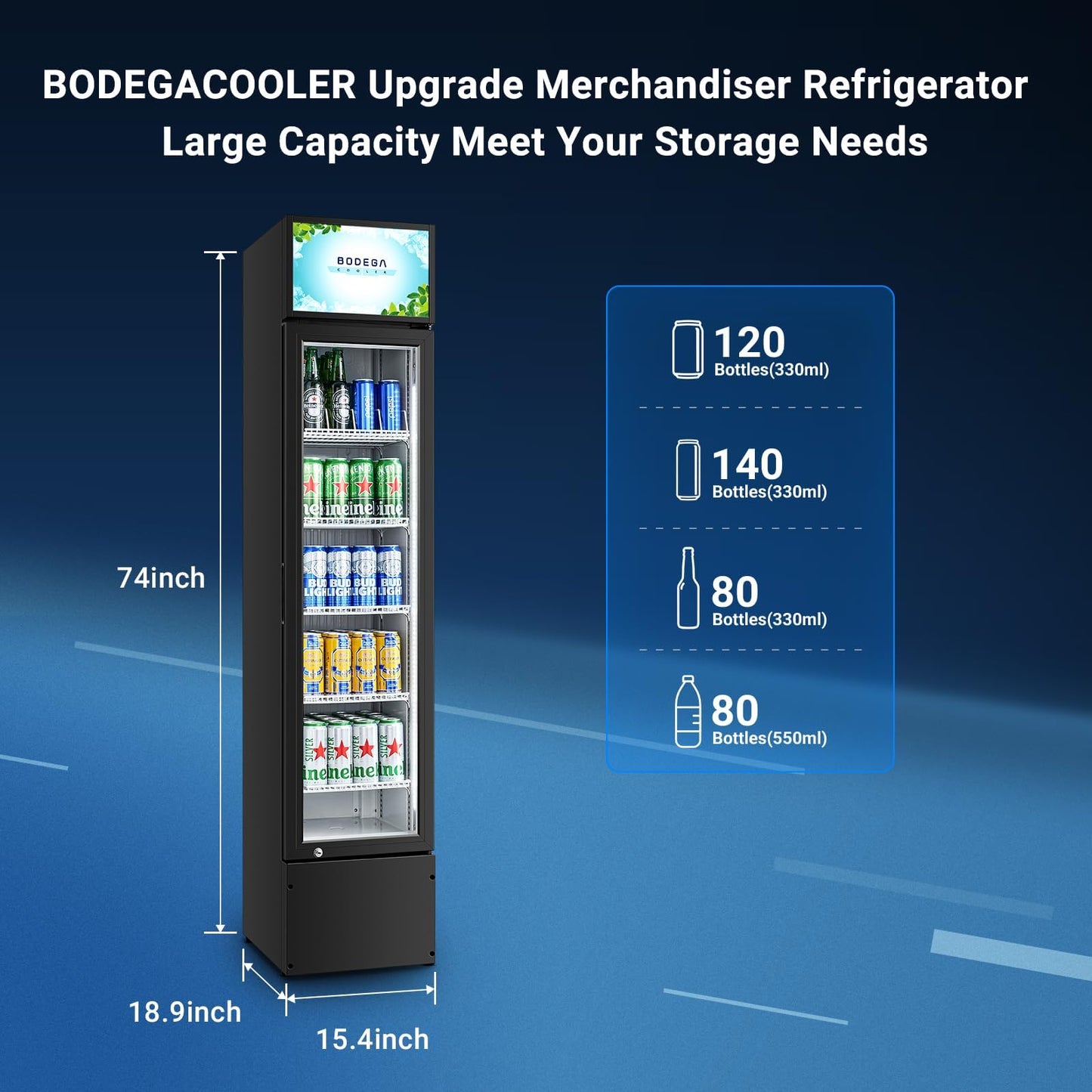 BODEGACOOLER Commercial Merchandiser Refrigerator, 5.7 Cu.Ft Single Swing Glass Door Beverage Cooler, Upright Display Refrigerator with Soft LED Light, Adjustable Shelves, Black
