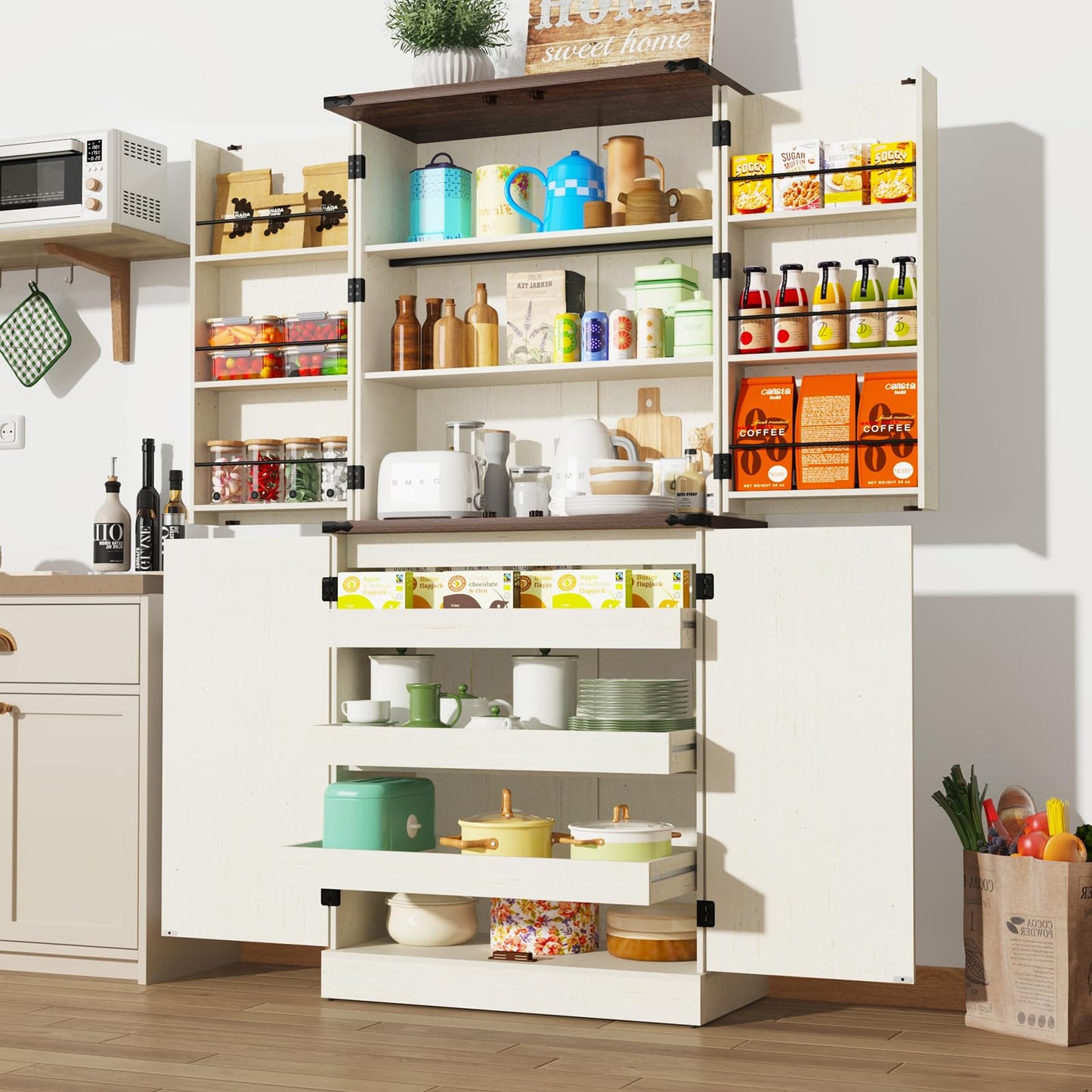 Farmhouse Kitchen Pantry Cabinet with 3 Drawers,71" Tall Rustic Wood Storage Cabinet with 6 Door Shelves,with Load-Bearing Steel Pipe,Pantry Organizers for Kitchen,Dining Room(Rustic Off White)