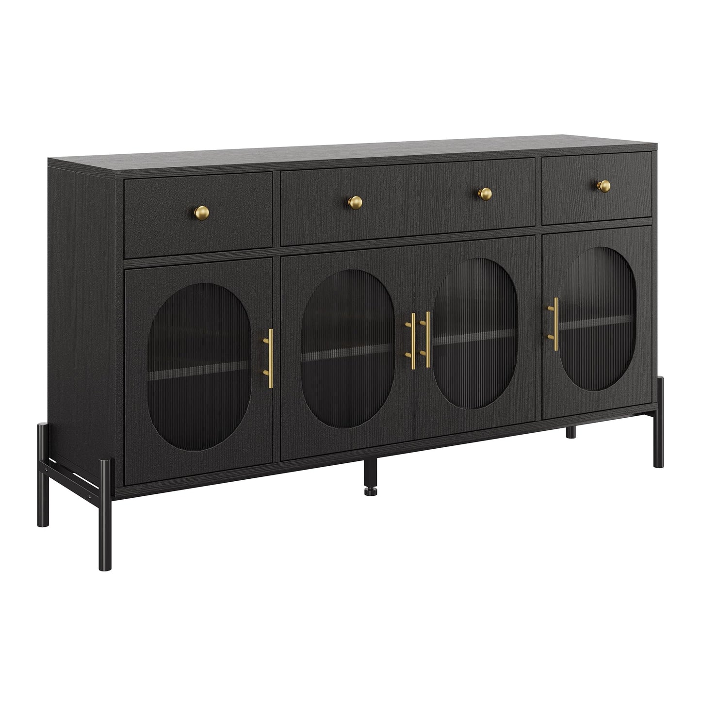 MERXENG 62 in Sideboard Buffet Cabinet with 4 Doors & 3 Drawers, Modern Storage Cabinet with Adjustable Shelves, Accent Buffet Table Coffee Bar for Kitchen, Living Room, Black
