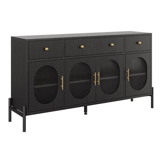 MERXENG 62 in Sideboard Buffet Cabinet with 4 Doors & 3 Drawers, Modern Storage Cabinet with Adjustable Shelves, Accent Buffet Table Coffee Bar for Kitchen, Living Room, Black
