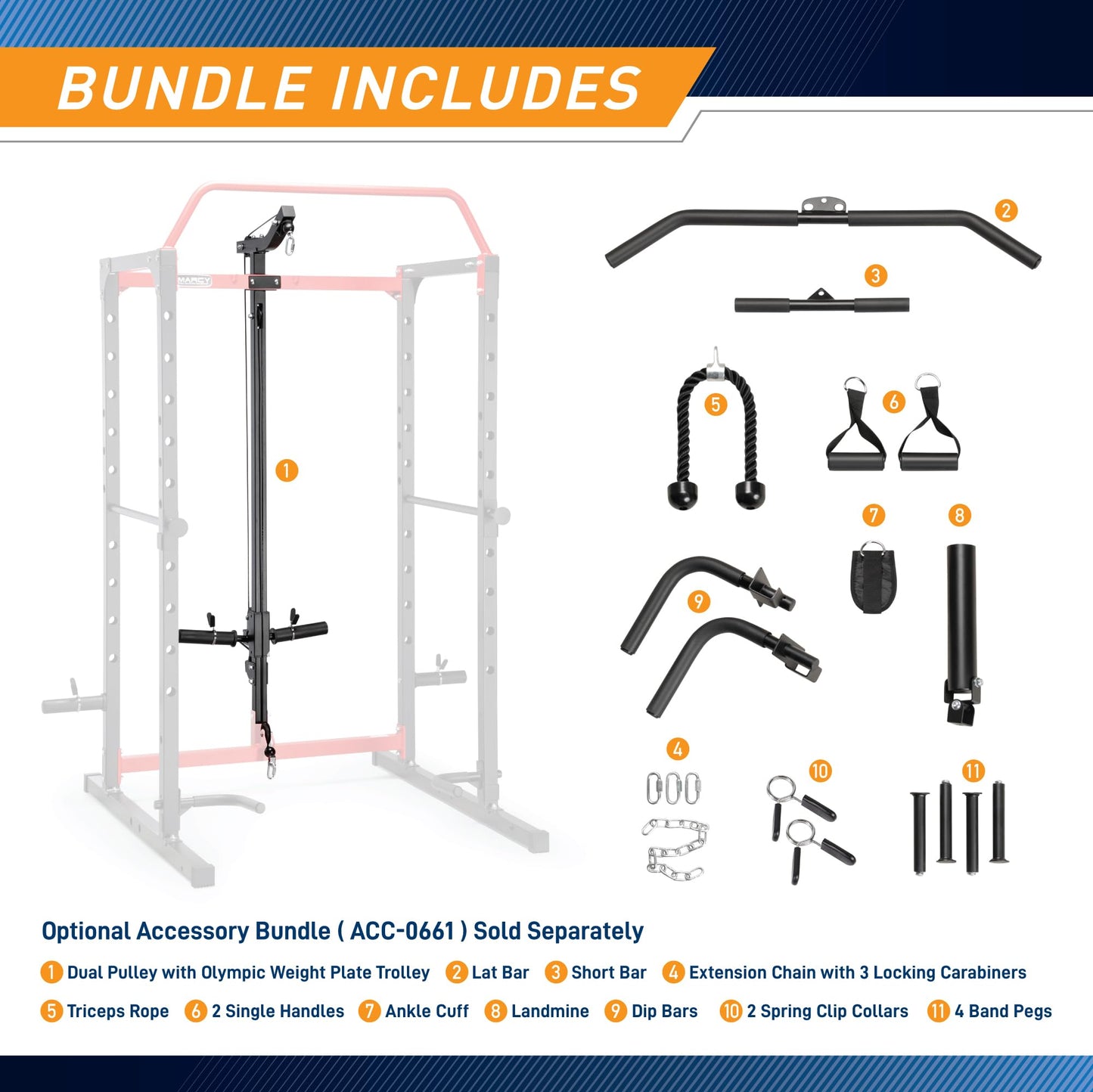Marcy Accessories Bundle for Upper and Lower Body Workout, Strength Training - Optional Pulley System for SM-0562 Power Cage Home Gym System - ACC-0661