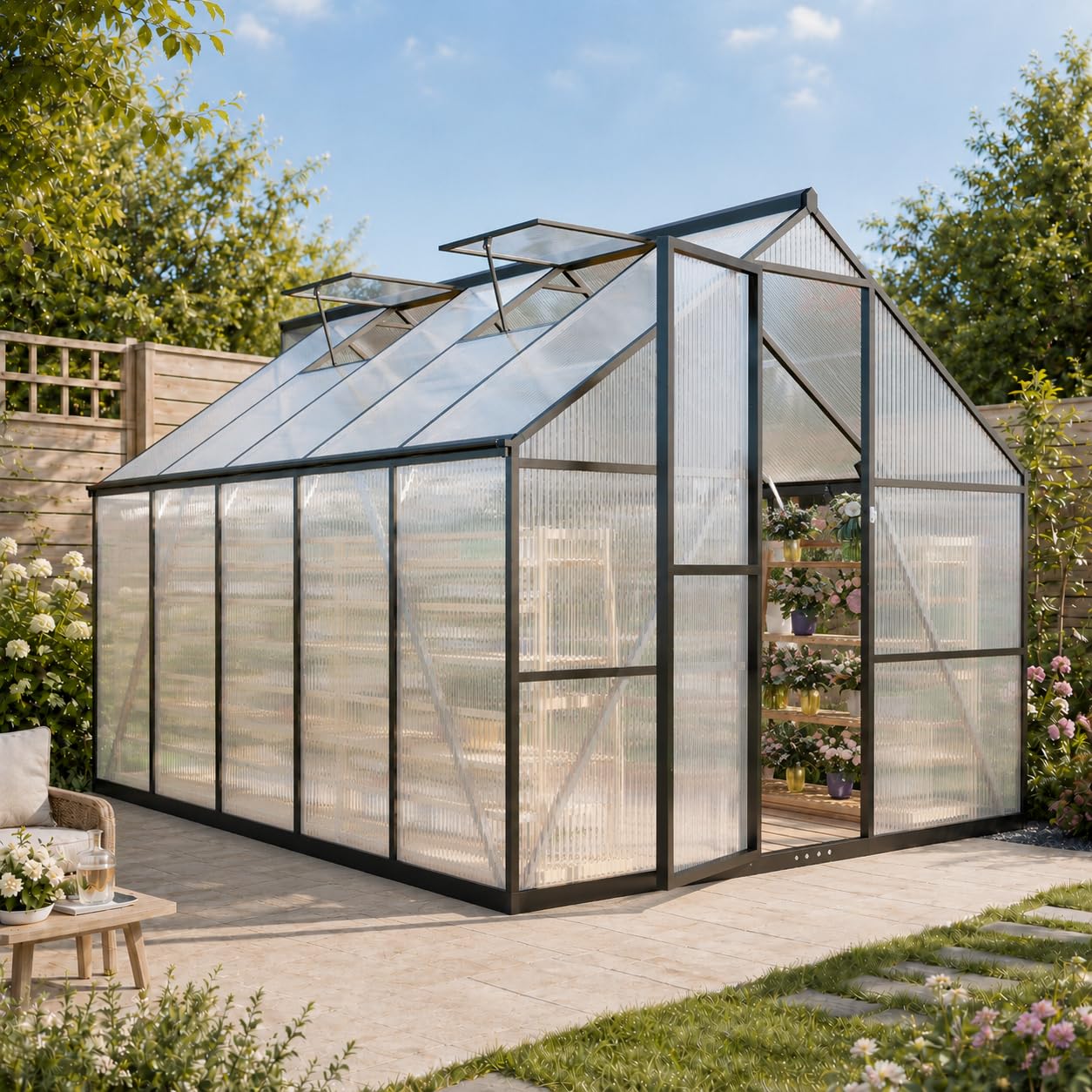 8x10 FT Greenhouse for Outdoors, Polycarbonate Greenhouse with Quick Setup Structure and Roof Vent, Aluminum Large Walk-in Green House for Outside Garden Backyard,Charcoal Black