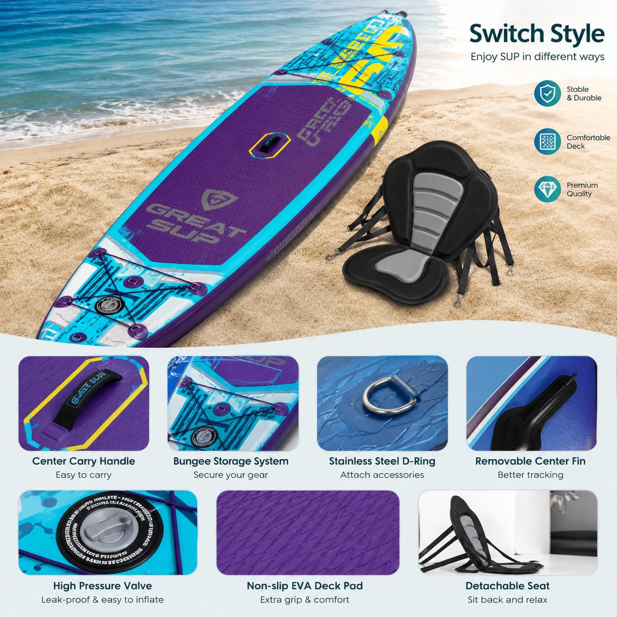 11'6'' Inflatable Stand Up Paddle Board for Adults, Non Slip Deck Blow Up Paddle Board for Fishing Yoga, Paddleboards with SUP Accessories, Fins, Leash, Air Pump, Seat, Backpack