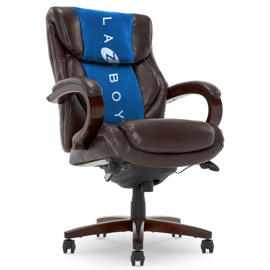 La-Z-Boy® Bellamy Executive Office Chair with Memory Foam Cushions, Real Wood Arms and Swivel Base, Waterfall Seat Edge, Faux Bonded Leather, Brown