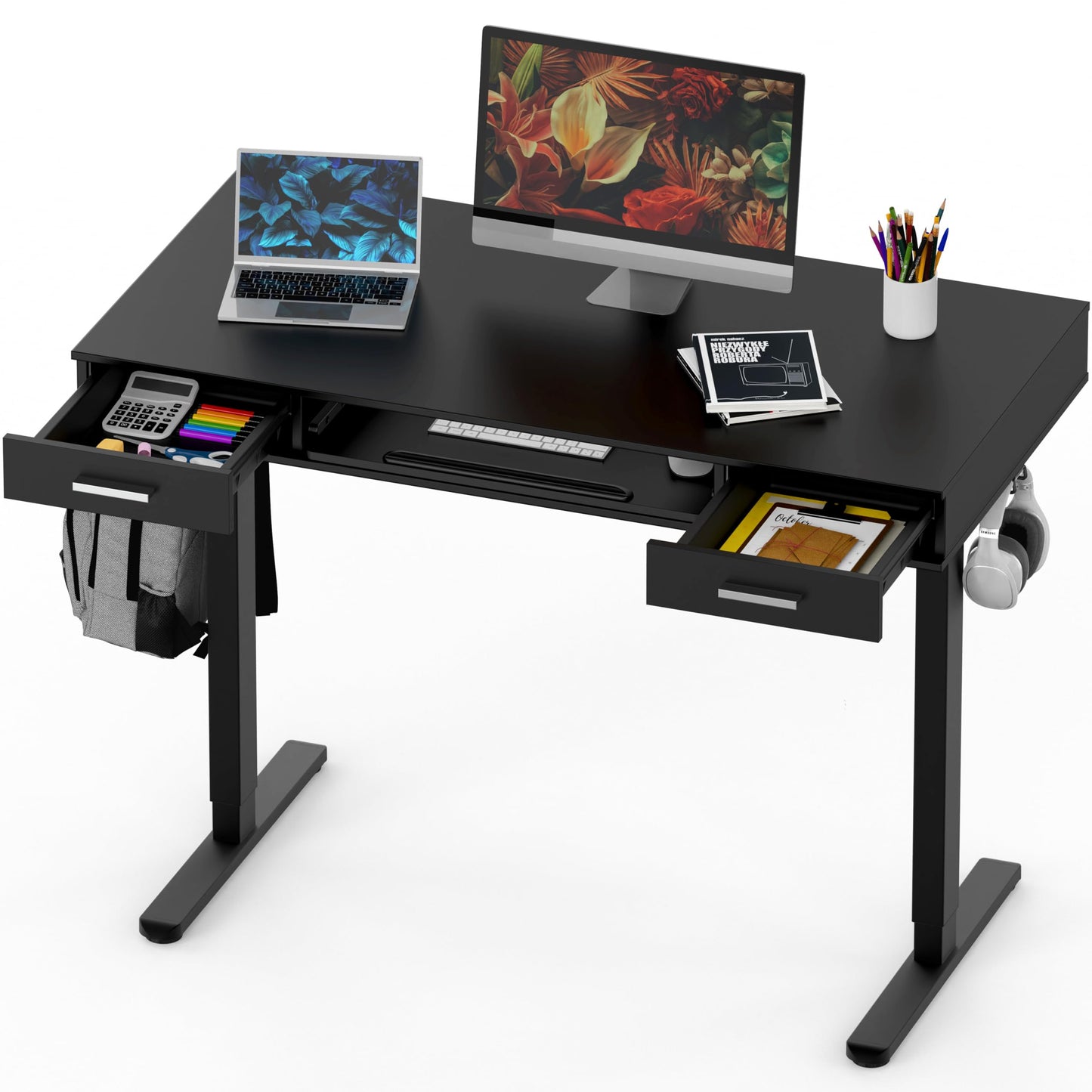 SHW 48-Inch Electric Height Adjustable Desk with Keyboard Tray and 2 Drawers, Black