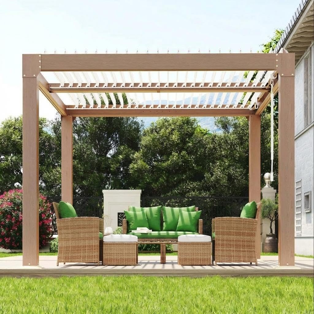 CABIHOME 10' x 10' Louvered Pergola, Outdoor Aluminum Pergola with Adjustable 0°-90° Roof, Reinforced Frame, Hidden Drainage System, Hardtop Gazebo for Patio, Deck, Backyard, Wood Grain