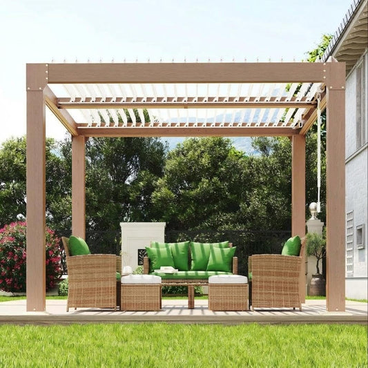 CABIHOME 10' x 10' Louvered Pergola, Outdoor Aluminum Pergola with Adjustable 0°-90° Roof, Reinforced Frame, Hidden Drainage System, Hardtop Gazebo for Patio, Deck, Backyard, Wood Grain