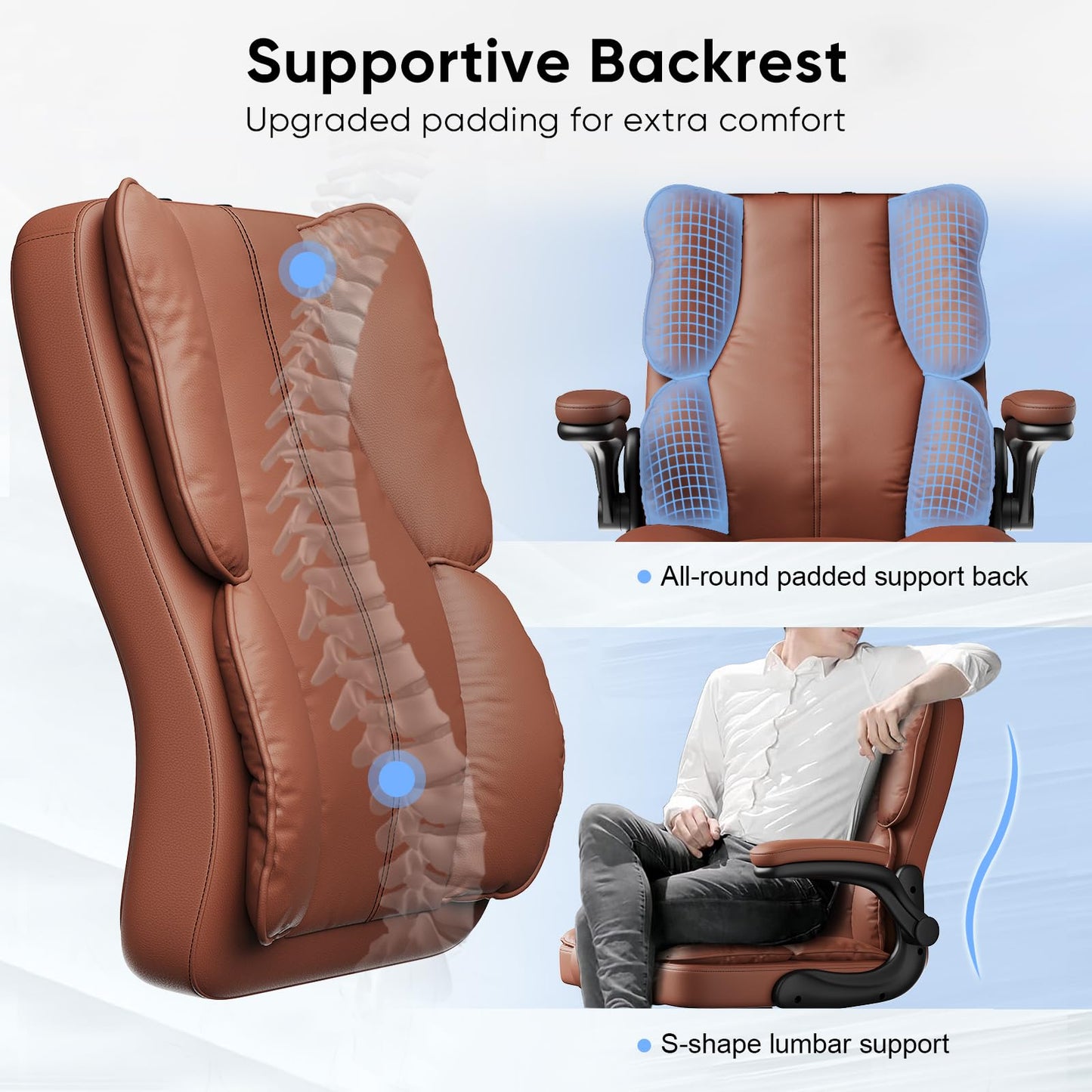 Kensaker Office Chair with Adjustable Headrest & Lumbar Support for for Lower Back Pain Relief, Executive PU Leather Chairs Comfy with Double Padding & 135° Rocking for Home Office, Brown