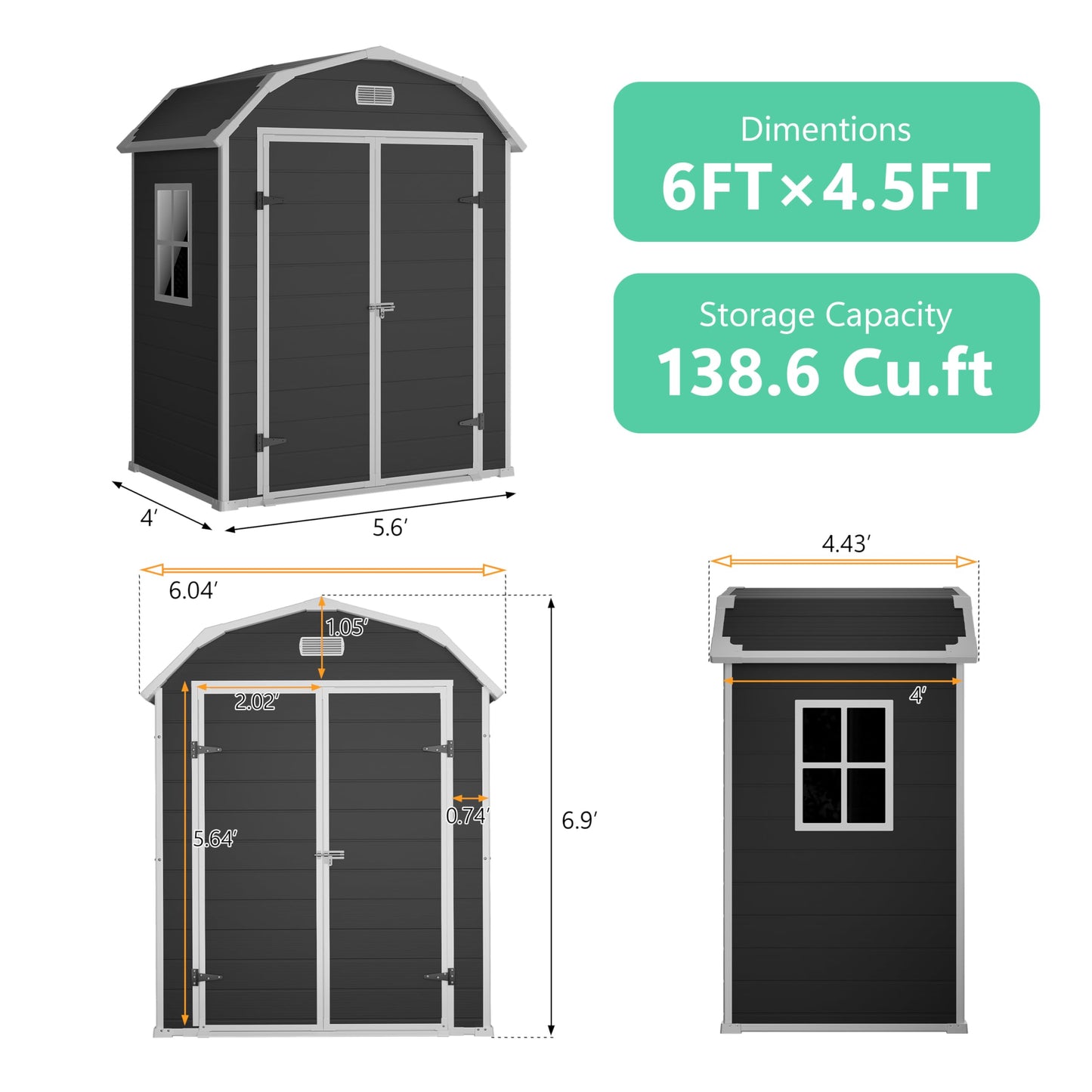 Heavy Duty 6x4.5 ft Resin Outdoor Storage Shed with Floor – Lockable & Weatherproof Garden Shed for Patio Furniture, Tools, Bikes, Lawn Mower – Secure Outdoor Storage Box with Window, Black