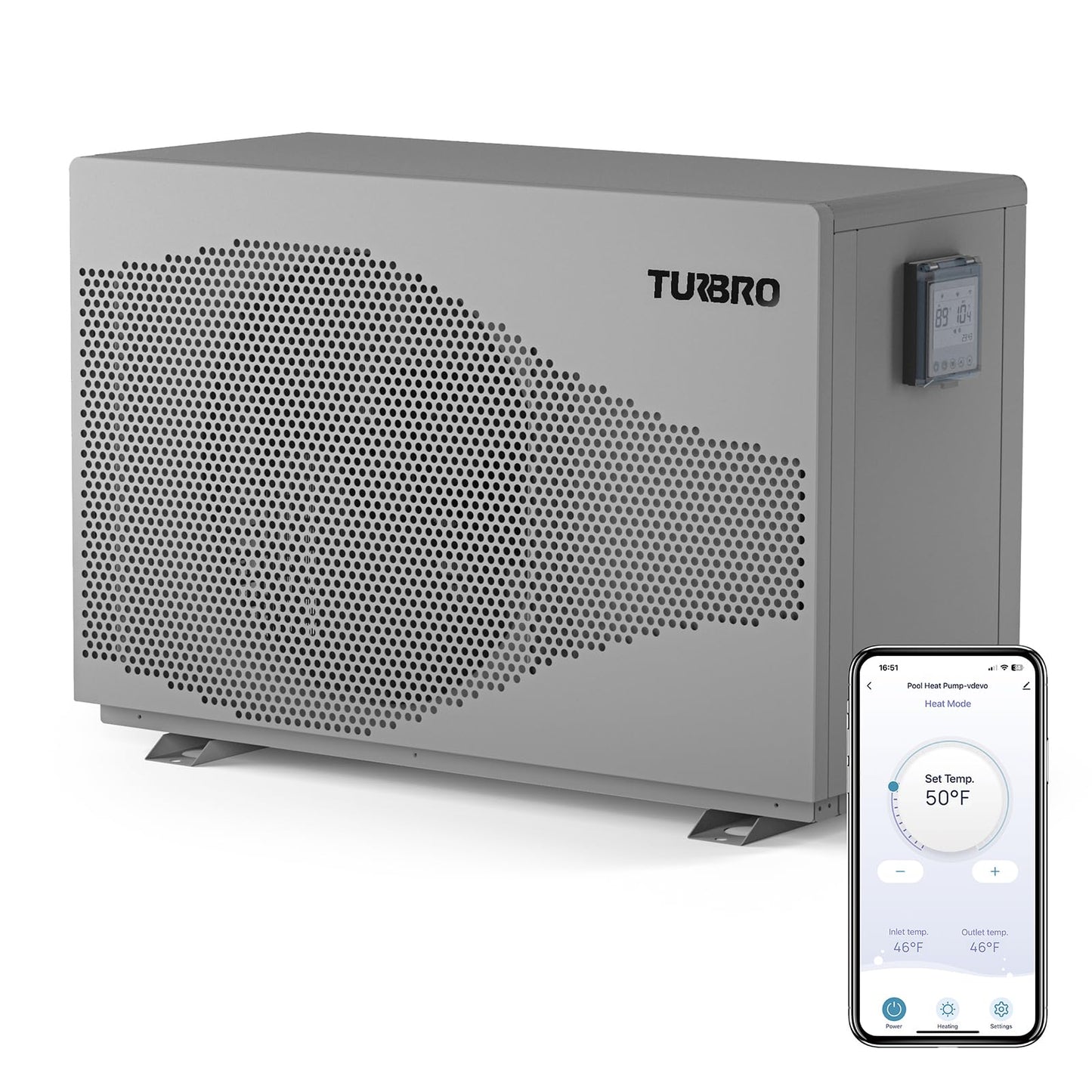 TURBRO 33,000 BTU Inverter Swimming Pool Heat Pump, Up to 10,000 Gallons, WiFi Control Electric Pool Heater for Above and Inground Pools, Heating and Cooling, Up to 15.8 COP, 110-120V, Beluga B33V