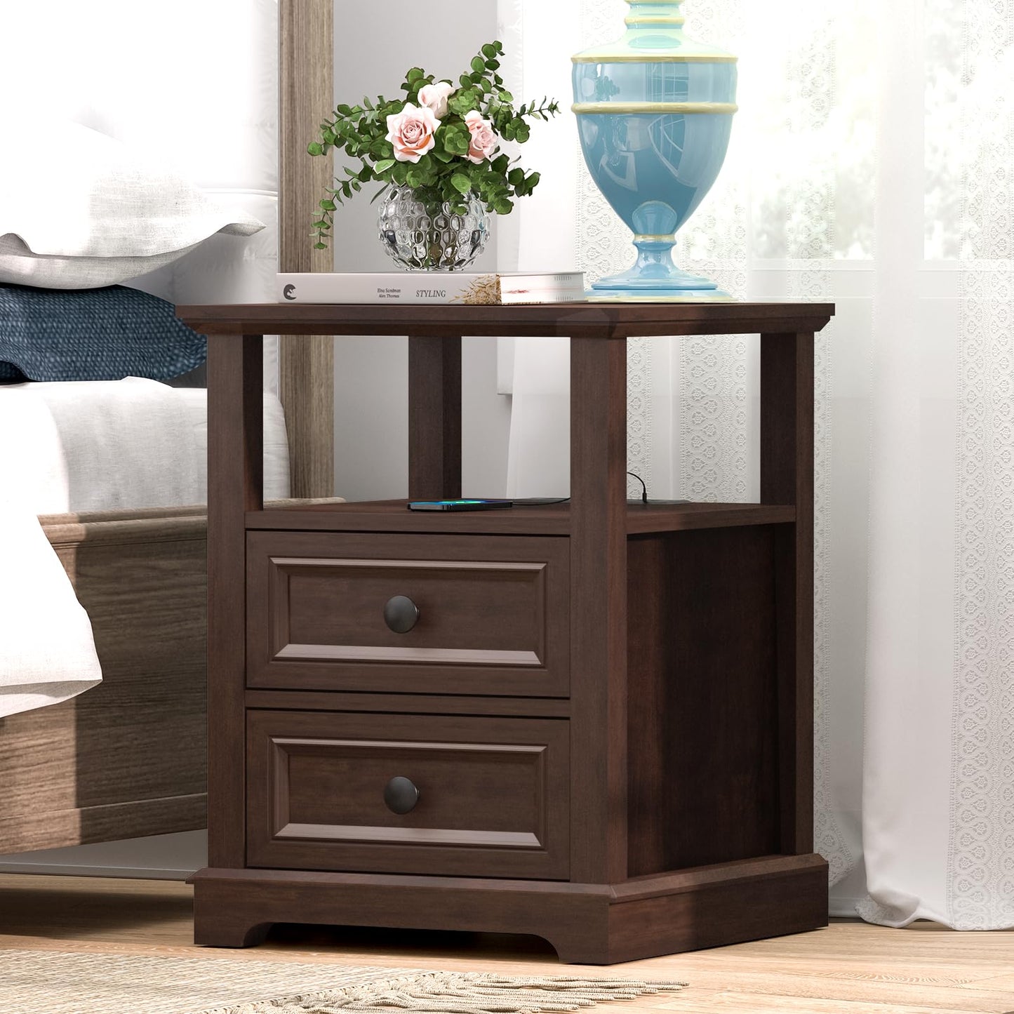 REDAYFUR 24" Tall End Table with Charging Station, Double 18W Fast Charge, Large 18" Bedside Table with Drawers, Rustic Wood Storage Cabinet with Open Shelf for Bedroom, Cherry