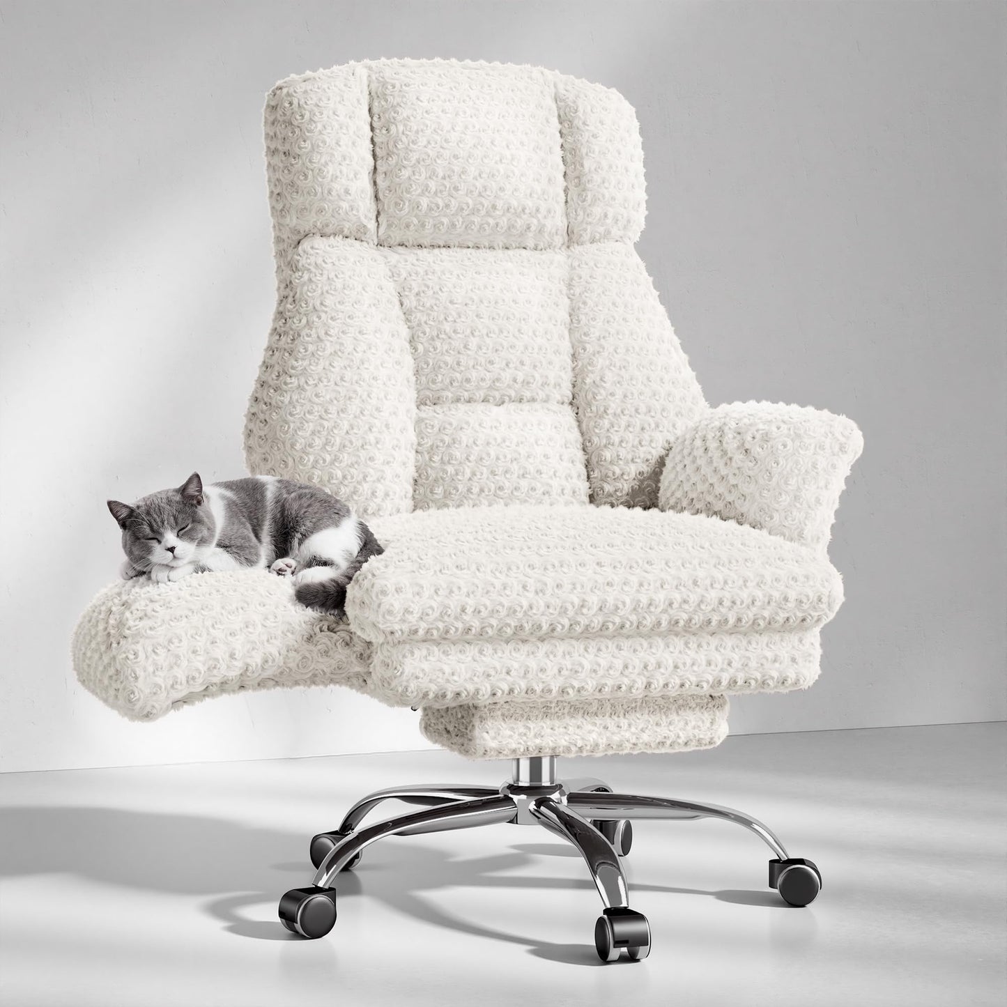 HOMRELEXA Big and Tall Office Chair, Flip Armrests for Pets & Cross Legged Sitting, Executive Ergonomic Computer Gaming Chair with Foot Rest, White Rose Velvet Wide Seat Reclining Desk Chair