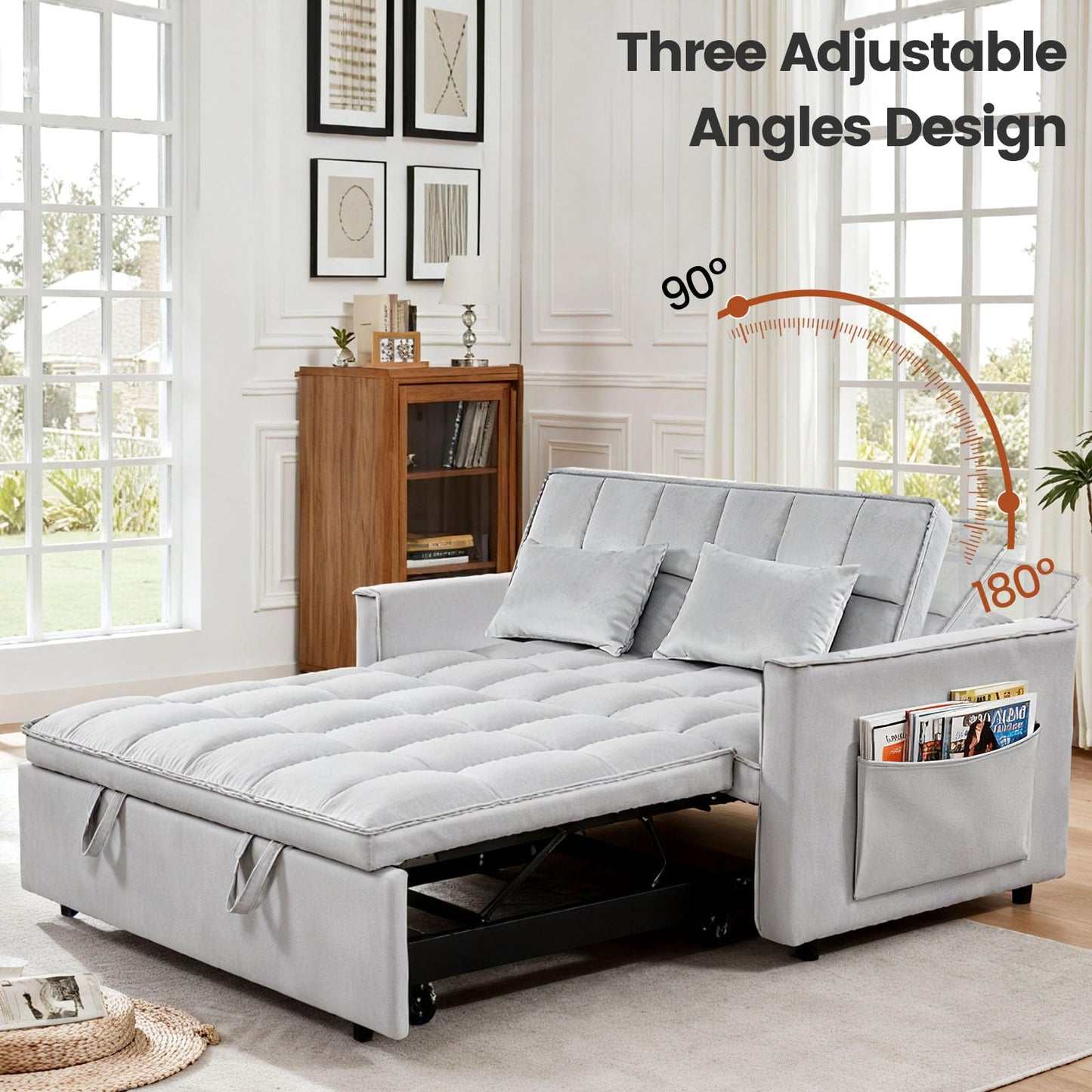 Trygoal 3 in 1 Convertible Sleeper Sofa Bed, Velvet Fabric Loveseat Sofa Bed with Adjustable Backrest & Large Side Pockets, Pull Out Couch for Small Spaces, Apartment, Living Room, Gray