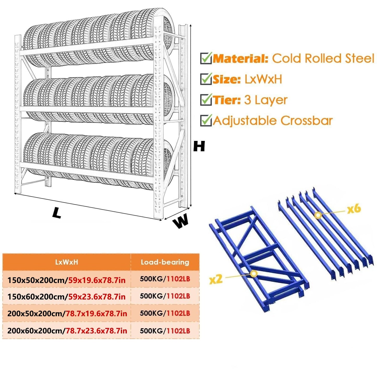 AOCDNEK Heavy Duty Tire Storage Rack, Steel, 1100lb,Load Capacity, Height Adjustable,for Auto Repair Shops Garages(Blue,78.7x23.6x78.7in)