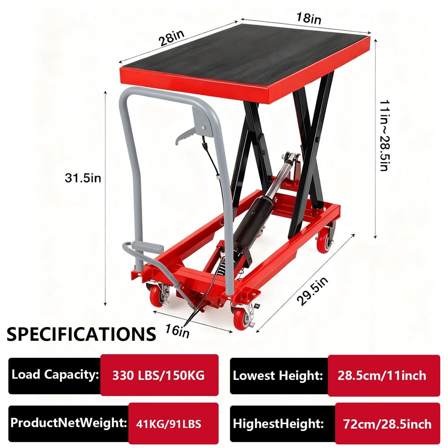 Manual Hydraulic Lift Table Cart – 330 lbs Capacity, 28.5" Lifting Height, Single Scissor, Heavy-Duty Platform, Non-Slip Surface, Lockable Swivel Casters – Industrial Material Handling for Warehouse