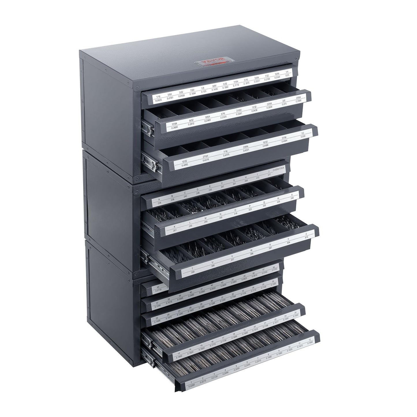 VEVOR Drill Bit Dispenser Cabinet Set, Three-Drawer for 1/16" to 1/2" & Letter Sizes A to Z, Five-Drawer Drill Bit Organizer for Wire Gauge Sizes #1 to #60, 3 Pieces