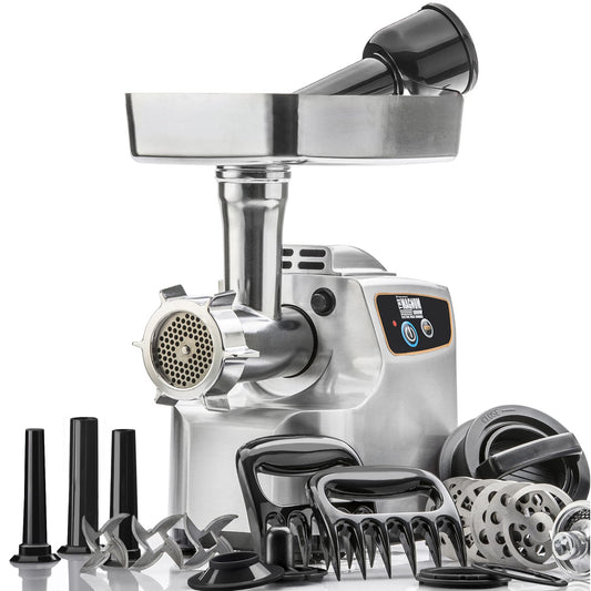 STX International Magnum 1800W Electric Meat Grinder | Grinds Soft Bones | High-Capacity Meat Tray | 6 Grinding Plates | 3 Stainless Steel Blades | Sausage Stuffer | Kubbe Maker & More Included