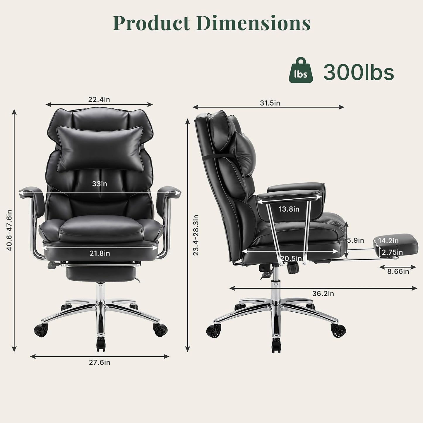 HAPPYMONT Executive Ergonomic Office Chair, PU Leather High Back Reclining Office Chair with Footrest and Lumbar Support, Height Adjustable Rolling Swivel Computer Chair for Home Office,Black
