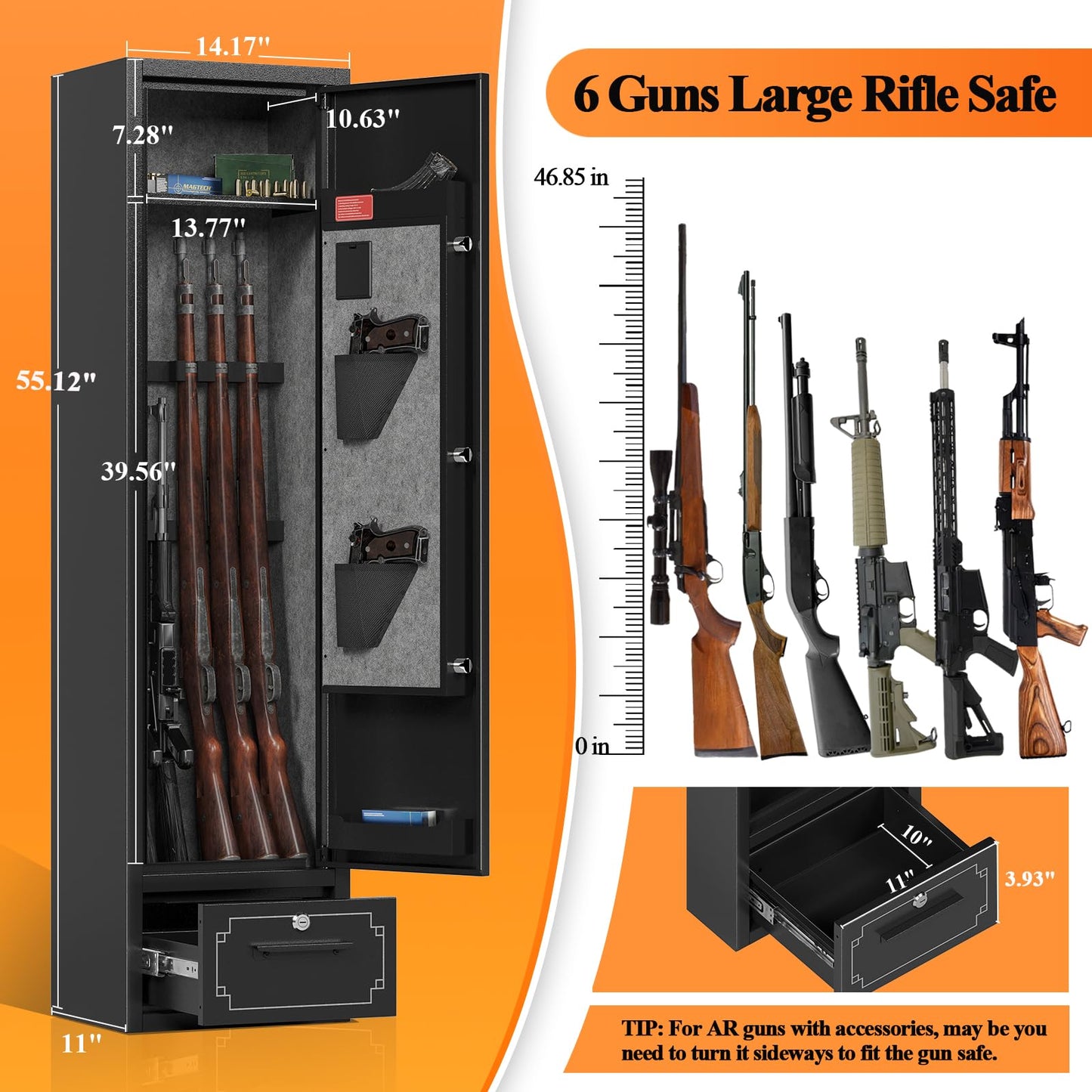 KAER 5-6 Gun Safe,Gun Safes for Rifle and Pistols,No Assembly Gun Cabinets,Rifle Safe,GunSafes for Rifle and Shotguns,Gun Safes & Cabinets with Drawer,Indoor Gun Rack,Removable Shelf (L)