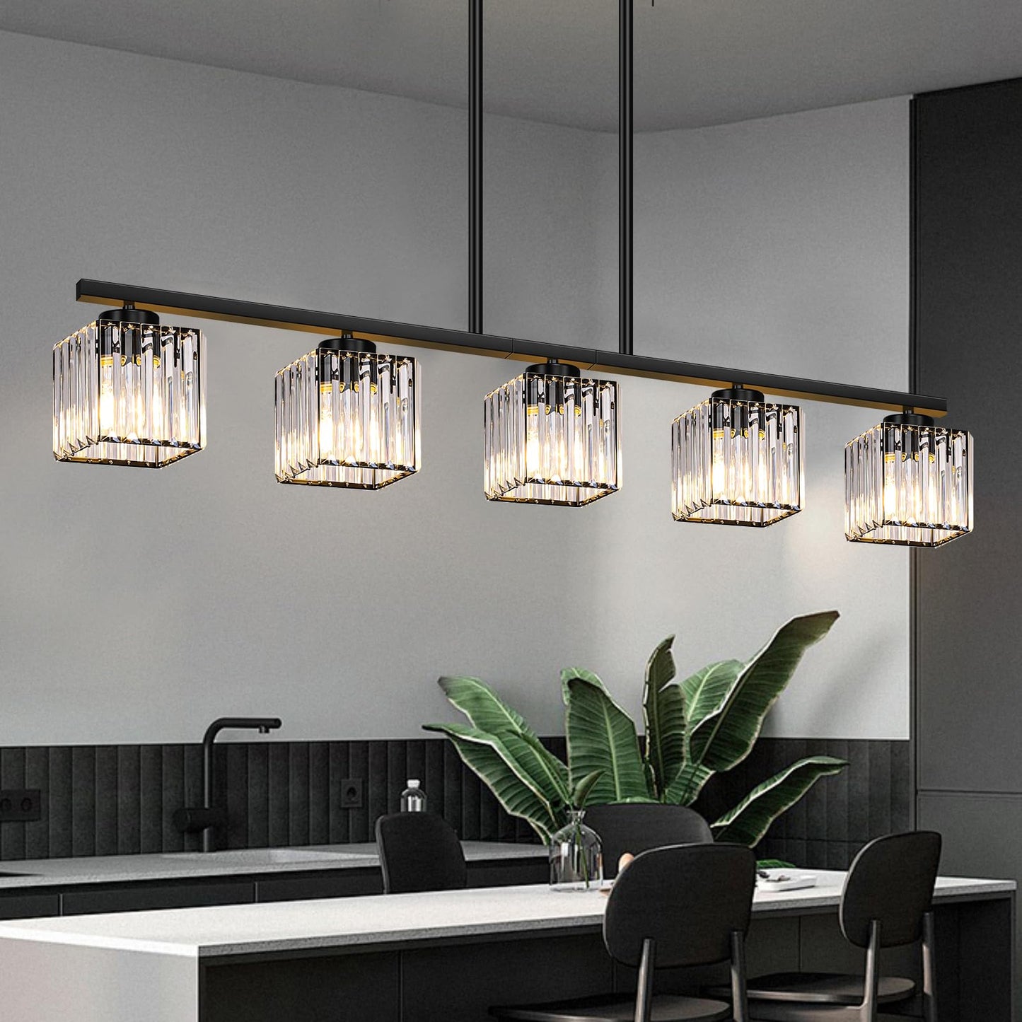 BesLowe Kitchen Island Lighting Linear Chandelier K9 Crystal Black Metal Model L2028-5BK