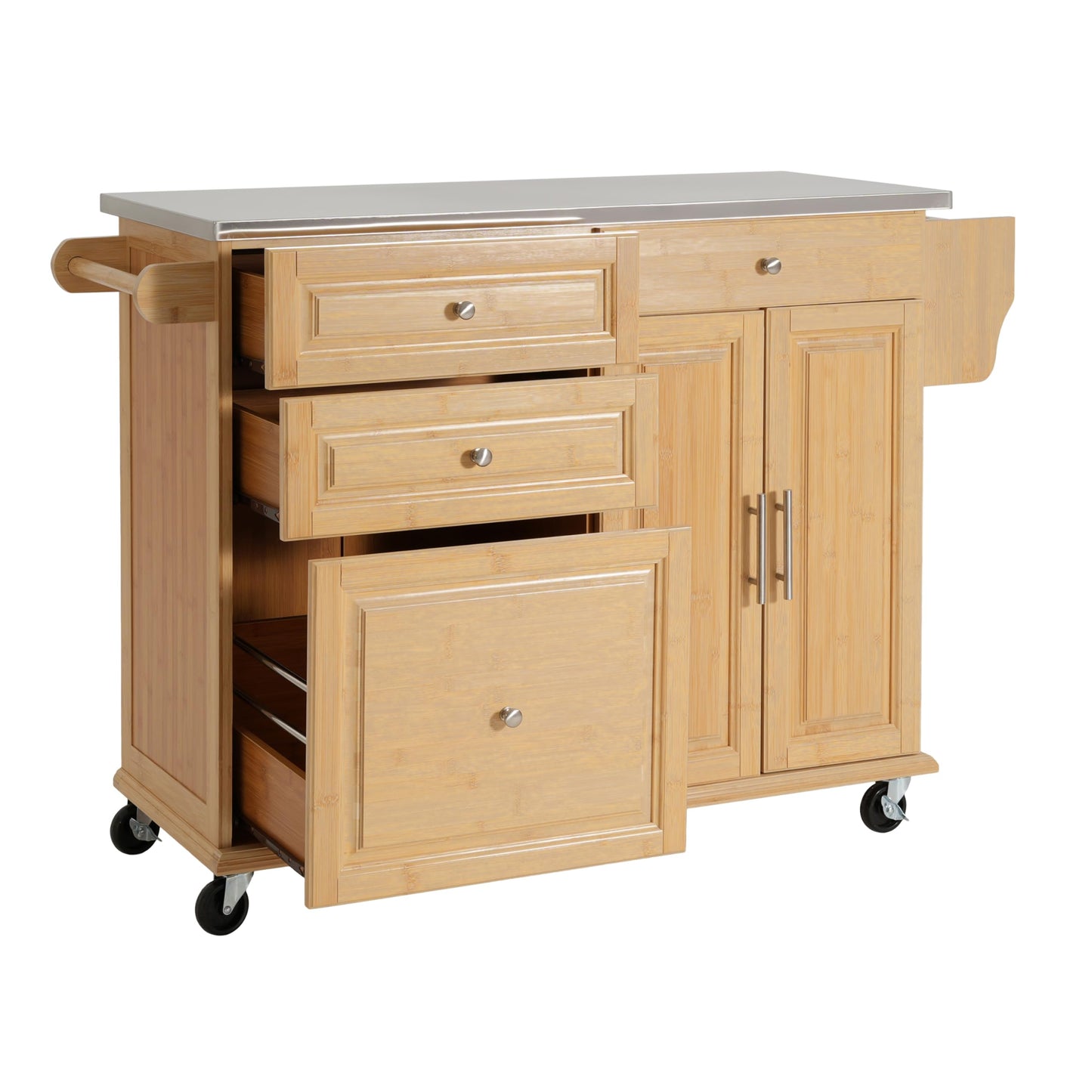 Merax Indoor Bamboo Rolling Kitchen Island with Stainless Steel Top – Mobile Cart with Drawers, Cabinet & Towel Rack for Dining & Bar