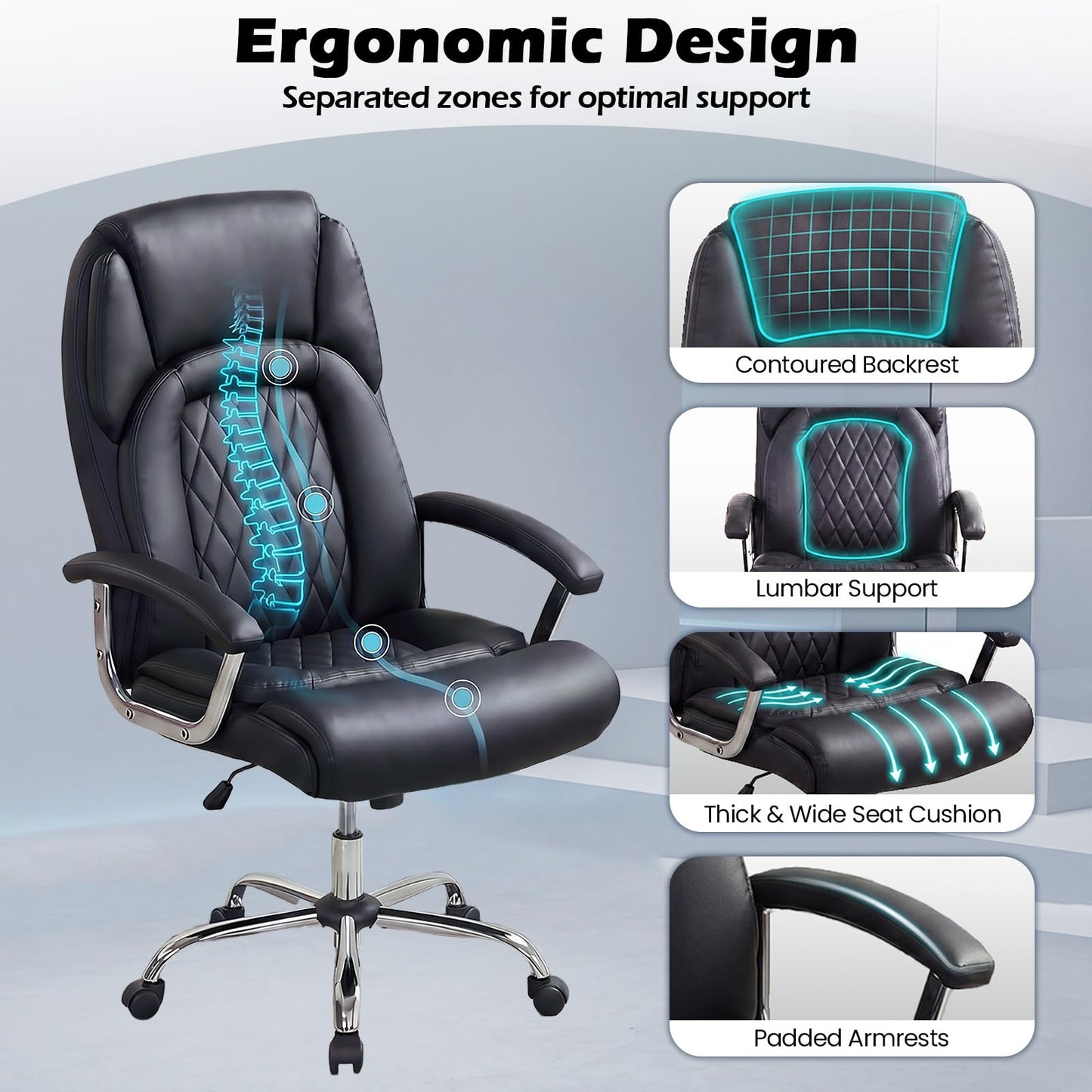 Giantex Ergonomic Office Chair, Upholstered Leather Executive Chair w/Padded Armrests & Rocking Backrest, Height Adjustable Computer Desk Chair, Swivel Rolling Chair w/Wheels for Home Office, Black