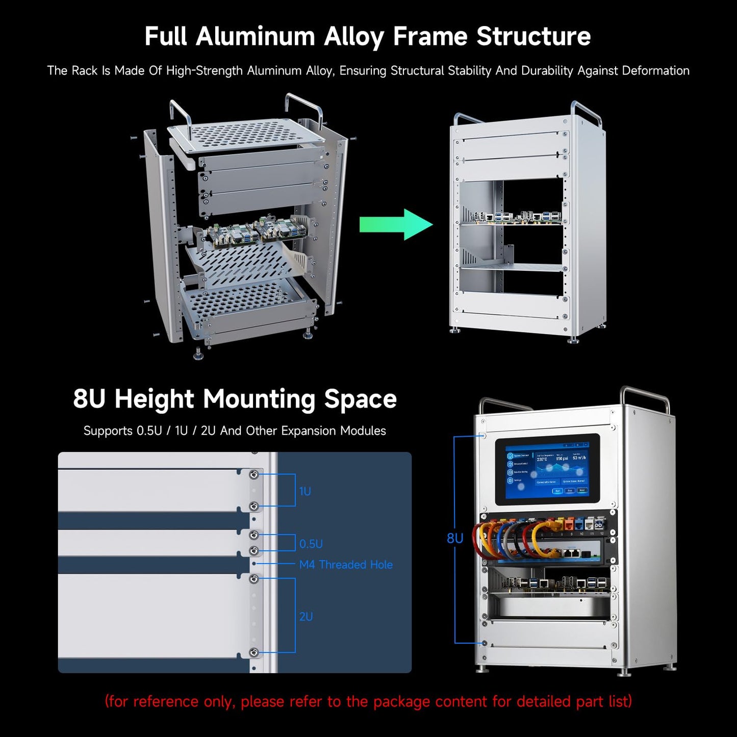 Waveshare HomeRack 8U Server Cabinet Basic Kit, 10inch Desktop All Aluminum Alloy Rack, High Compatibility