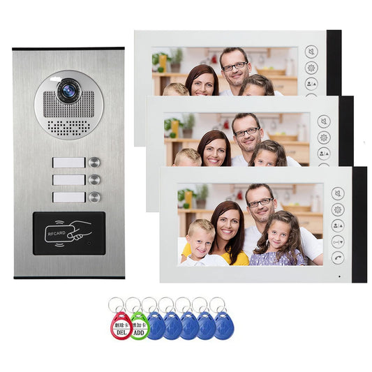ANJIELO SMART Wired Video Multifamily Apartment Intercom System,2/3/4/6/8/10/12 Units 7 inch Monitor Video Door Phone Kit,Video Doorbell, ID Card Unlock, 2 Way Audio for Home (1 doorbell + 3 Monitor)