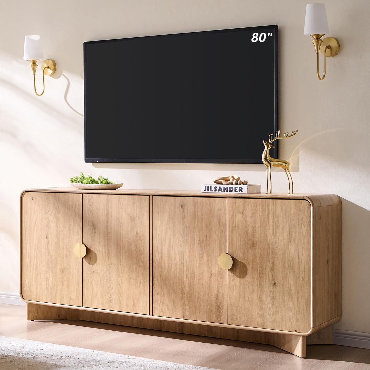 IFGET 70" Modern TV Stand for TVs Up to 80 inches, 30" Tall Entertainment Center with Storage and Adjustable Shelves, TV Console with Curved Profile Design, Media Console for Living Room, Natural Oak