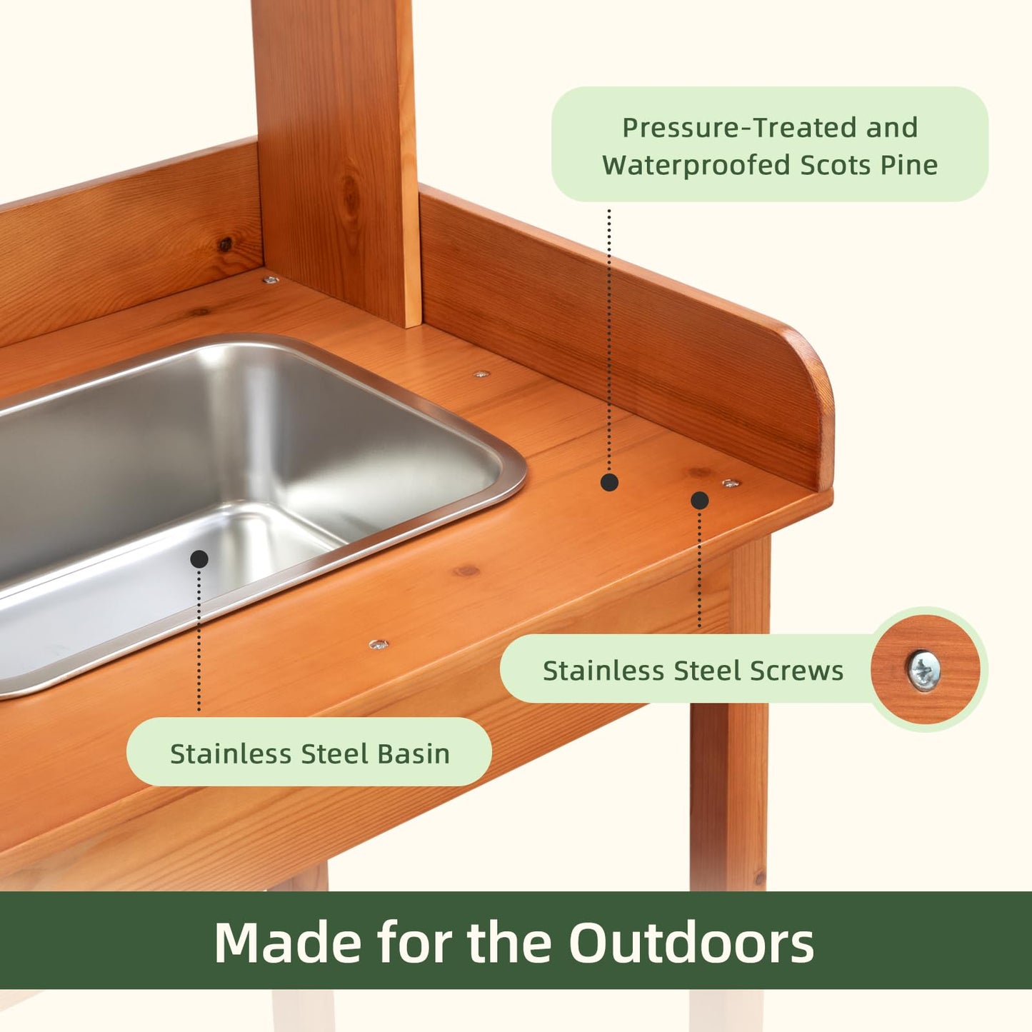 OOOK Potting Bench, Nordic Scots Pine Potting Table, Removable Sink, Workstation for Outside Patio Lawn, Wooden Garden Work Station