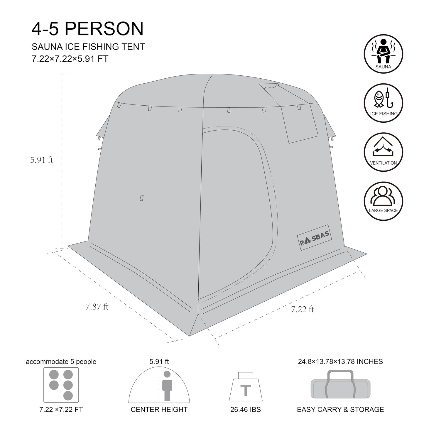 Protable Outdoor Sauna Tent and Ice Fishing Tent, Ice Fishing Shelters with 3-Layer Awning Keeps Heat in for Longer, can be Used with Any Type of Stove, with 2 Large Windows (no Stove)
