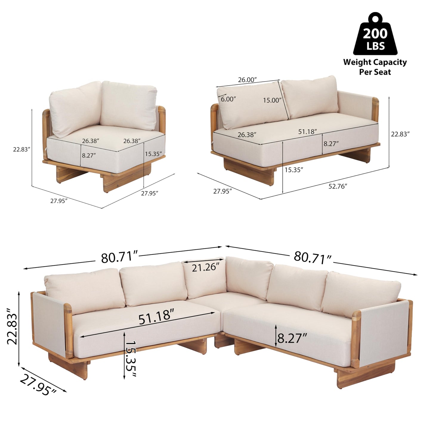Merax 3 Piece Patio Outdoor Furniture Set, All-Weather V-Shaped Sectional Sofa with Cushions, Acacia Wood 5-Seater Couch Set for Porch, Lawn, Backyard, Balcony, Light Teak+ Beige