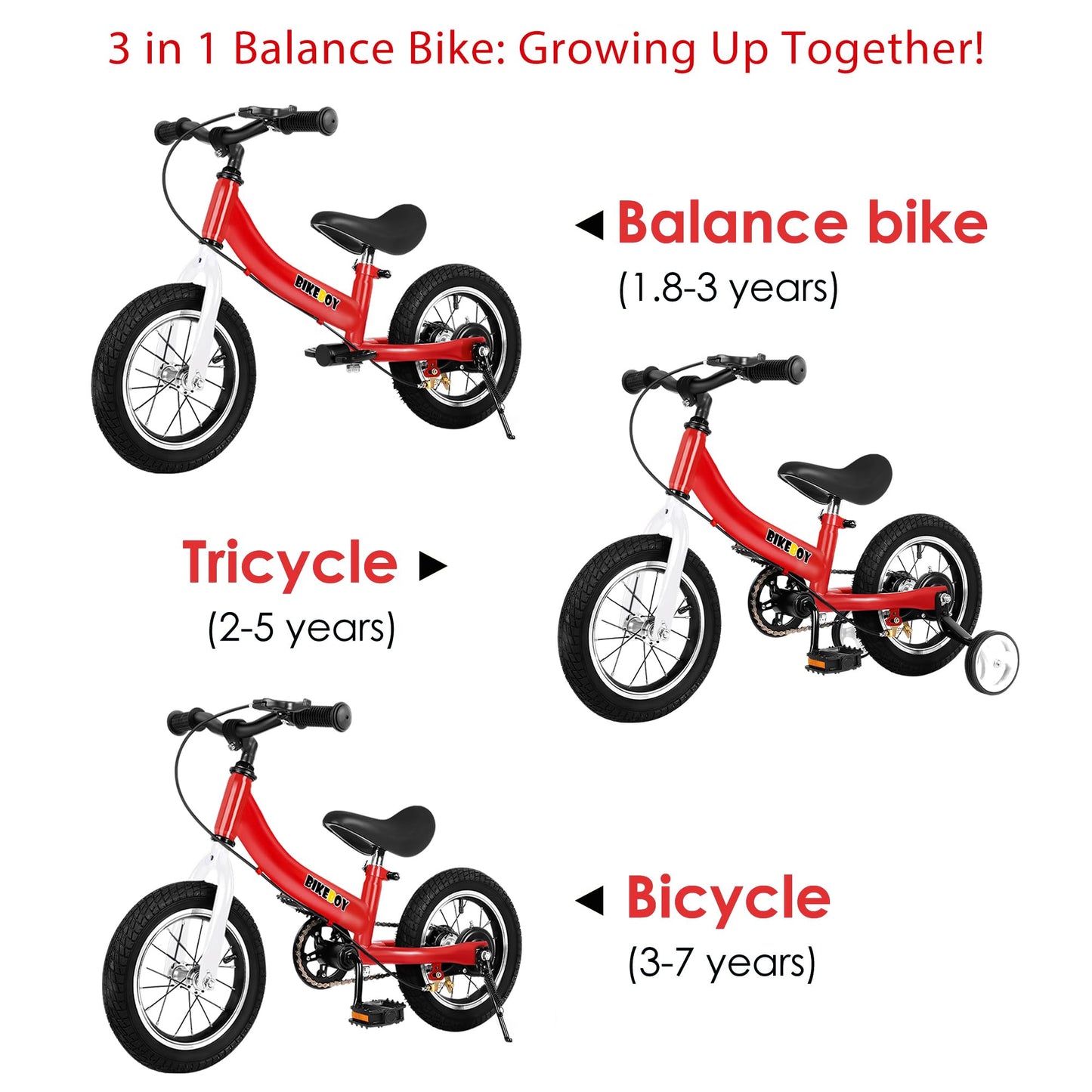 Balance Bike 3 in 1,The Dual Use of a Kids Balance Bike and Toddler Bike, for 2 3 4 5 6 7 Years Old -12 14 16 Inches with Training Theory, Brake, Pedal