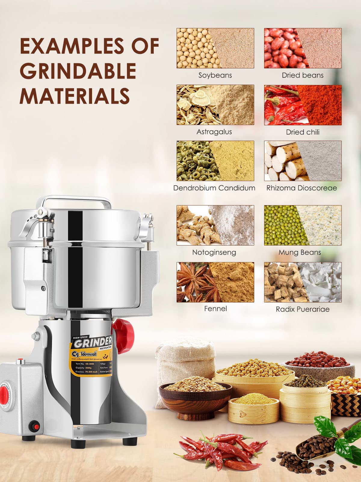 CGOLDENWALL 2000g Electric Grain Grinder Mill Safety Upgraded 3000W High-speed Spice Herb Grinder Commercial Superfine Machine Dry Cereals Pulverizer CE 110V (2000g Swing Type)