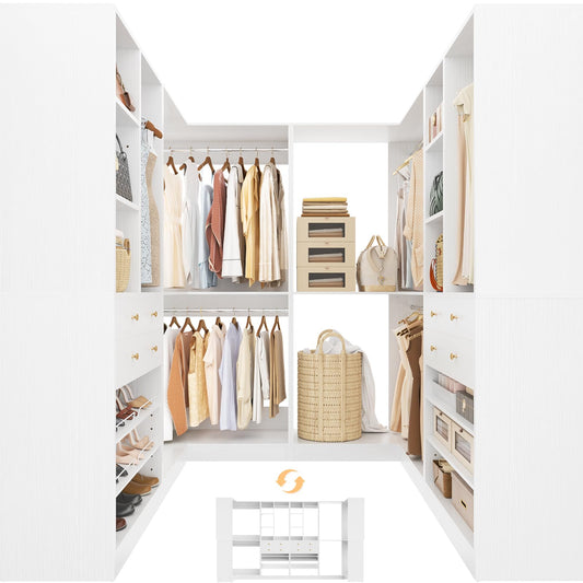Besiost Closet System with 4 Drawers & Corner Tower, Closet Organizer System with 4 Hanging Robs, Reversible U Shaped Walk-in Closet System, Load 2600+LBS Capacity, Set of 4, White