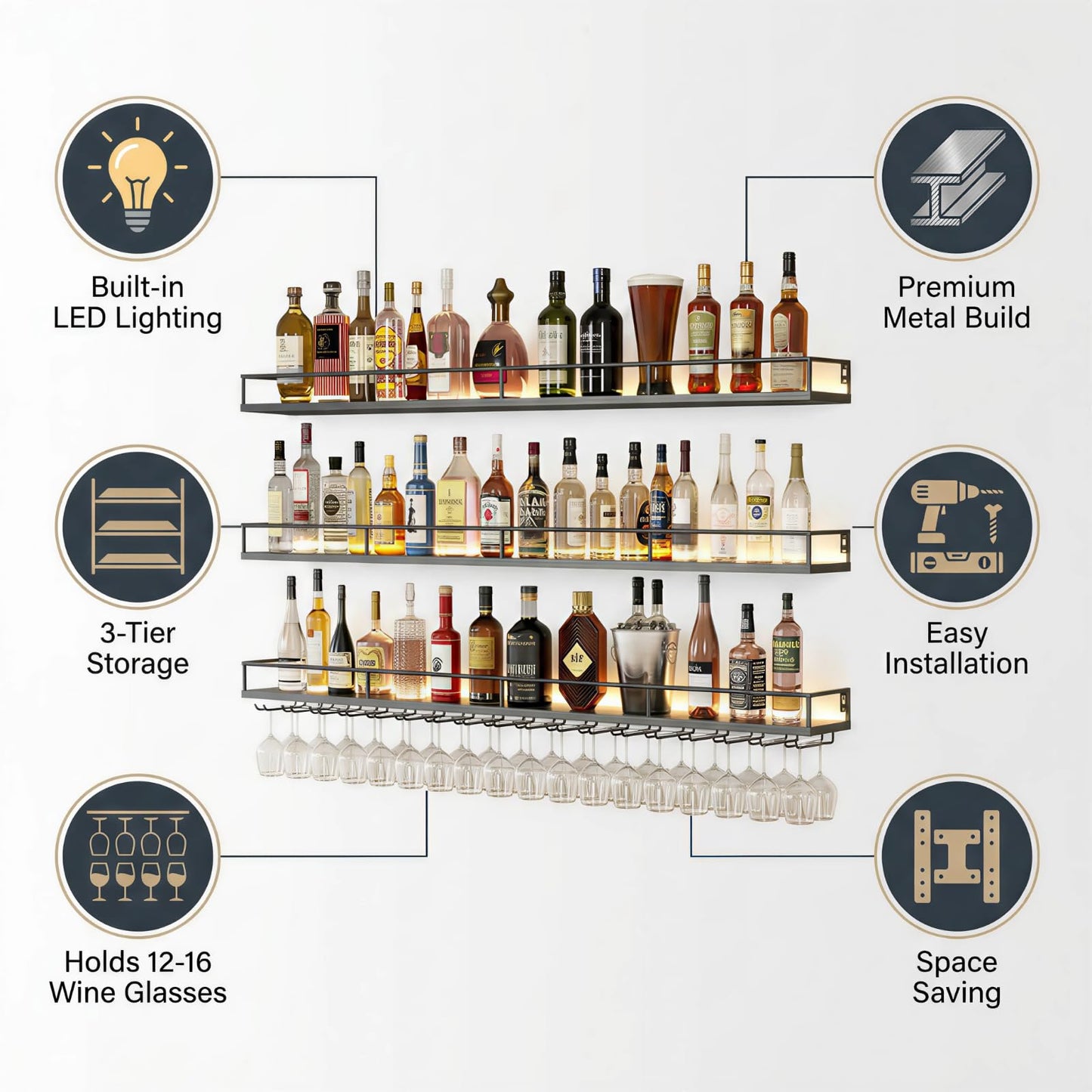 ZAOBAS 39.4" Wall Mounted Wine Rack with Lights, 3-Tier Floating Bar Shelf
