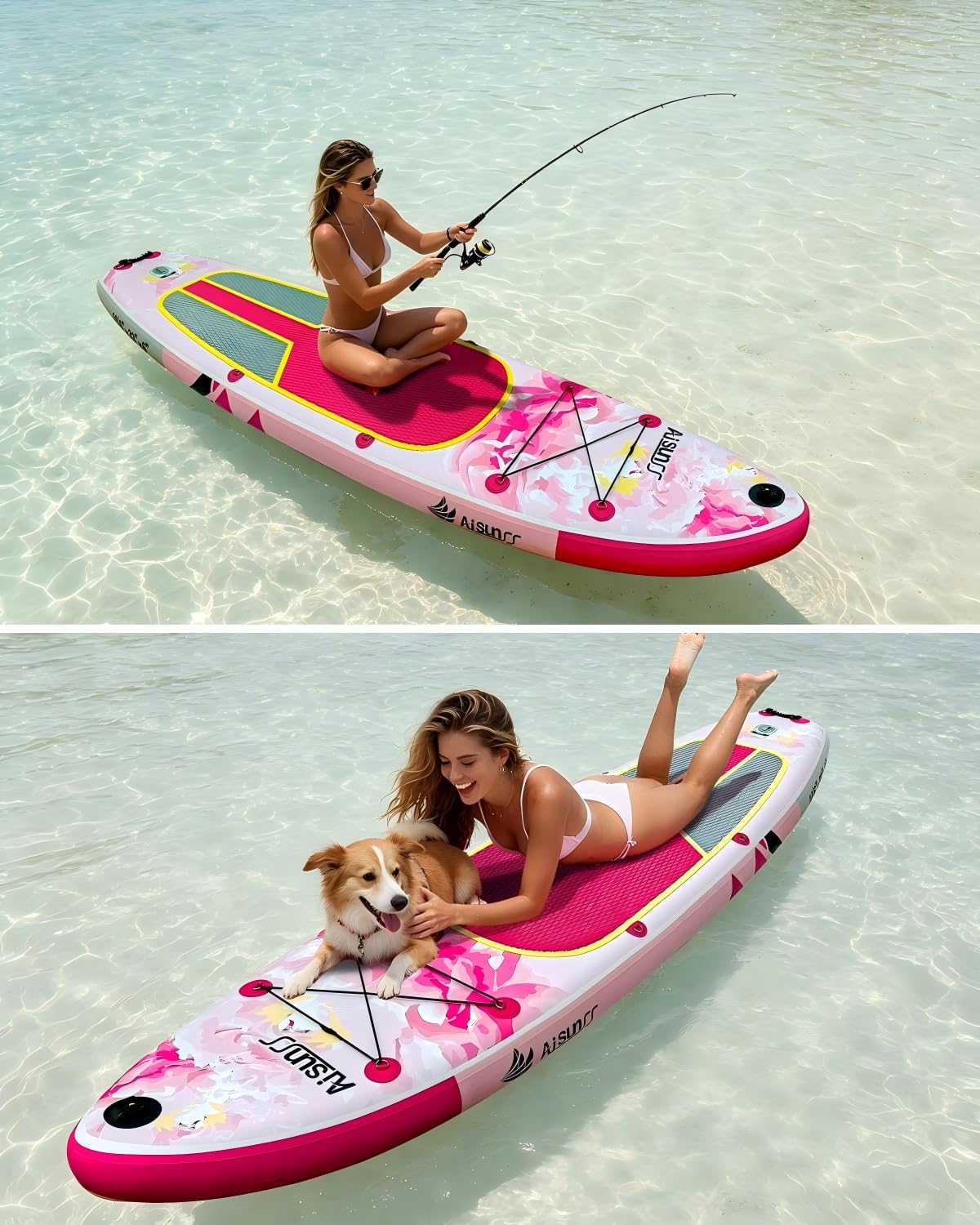AISUNSS 10.6’ Inflatable Stand Up Paddle Board, 33’’ Wide Stance Paddle Boards with Premium Paddleboard Accessories, Double Action Pump, Removable Fin for Youth & Adults (Flowers Pink)