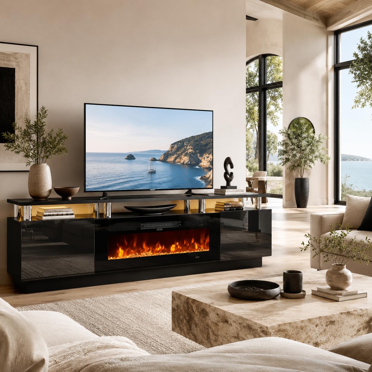 OneBlis 70" TV Stand for Living Room, Modern Entertainment Center & Media Console, Fits TVs up to 80", Storage Cabinet with Shelves, 36" Electric Fireplace with LED Flame (All Black)