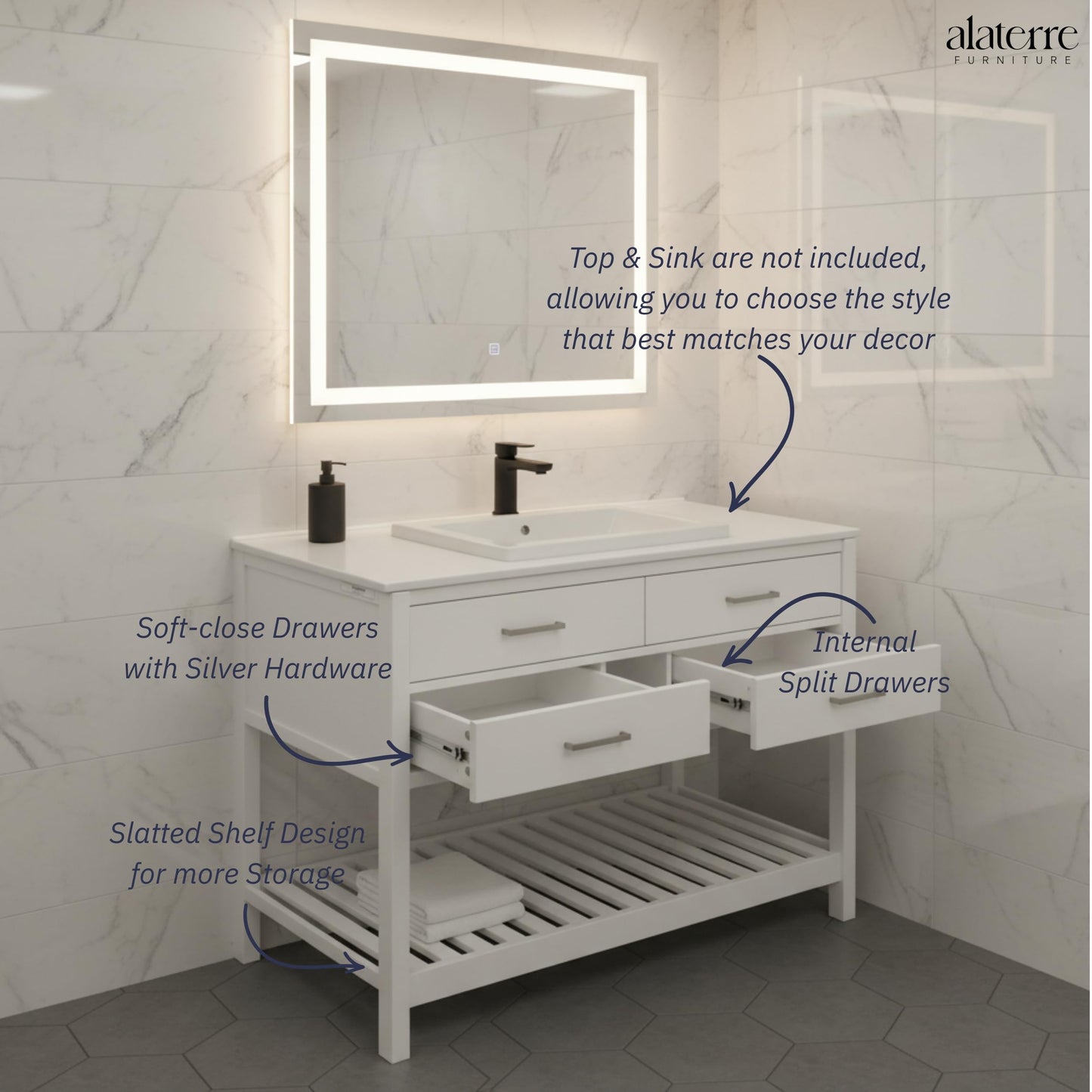Harrison 48 in. W Vanity Cabinet Only, Bathroom Storage with Two Soft Close Drawers and Slatted Shelf, Nickel Hardware, Adjustable Height Levelers, Solid Pine Wood Construction, White