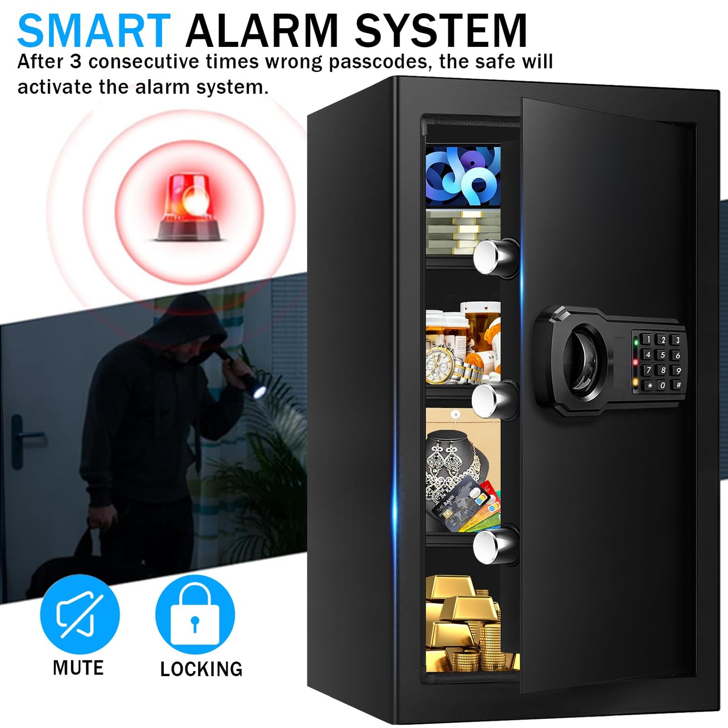 6.1 Cuft Extra Large Fire Safes for Home, Digital Fireproof Safe with Programmable Keypad, Spare Keys and 3 Removable Shelves, Anti-Theft Security Waterproof Document Safe Box for Money Valuables