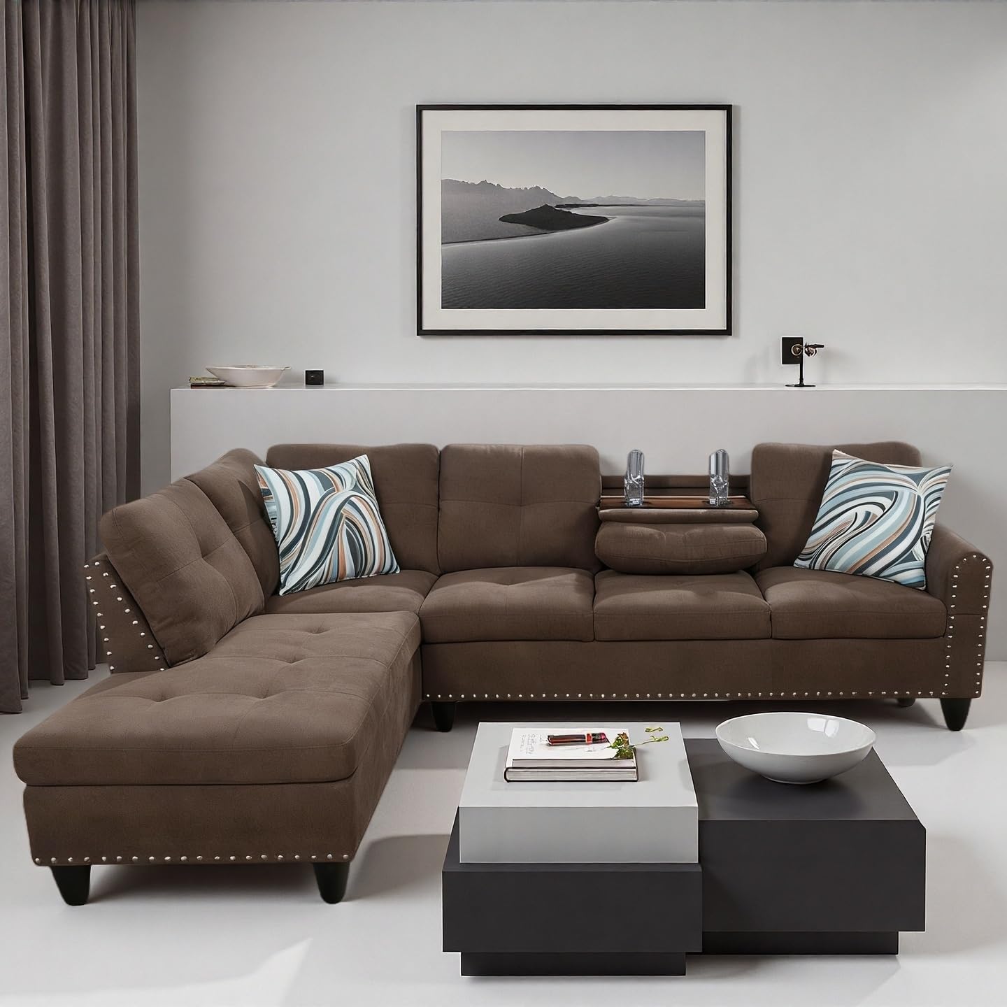 Trygoal L-Shaped Sectional Sofa with Cup Holder, 97 Inch Living Room Set with Chaise, Sectional Couches with Nailhead Trim, for Living Room, Apartment, Study, Brown