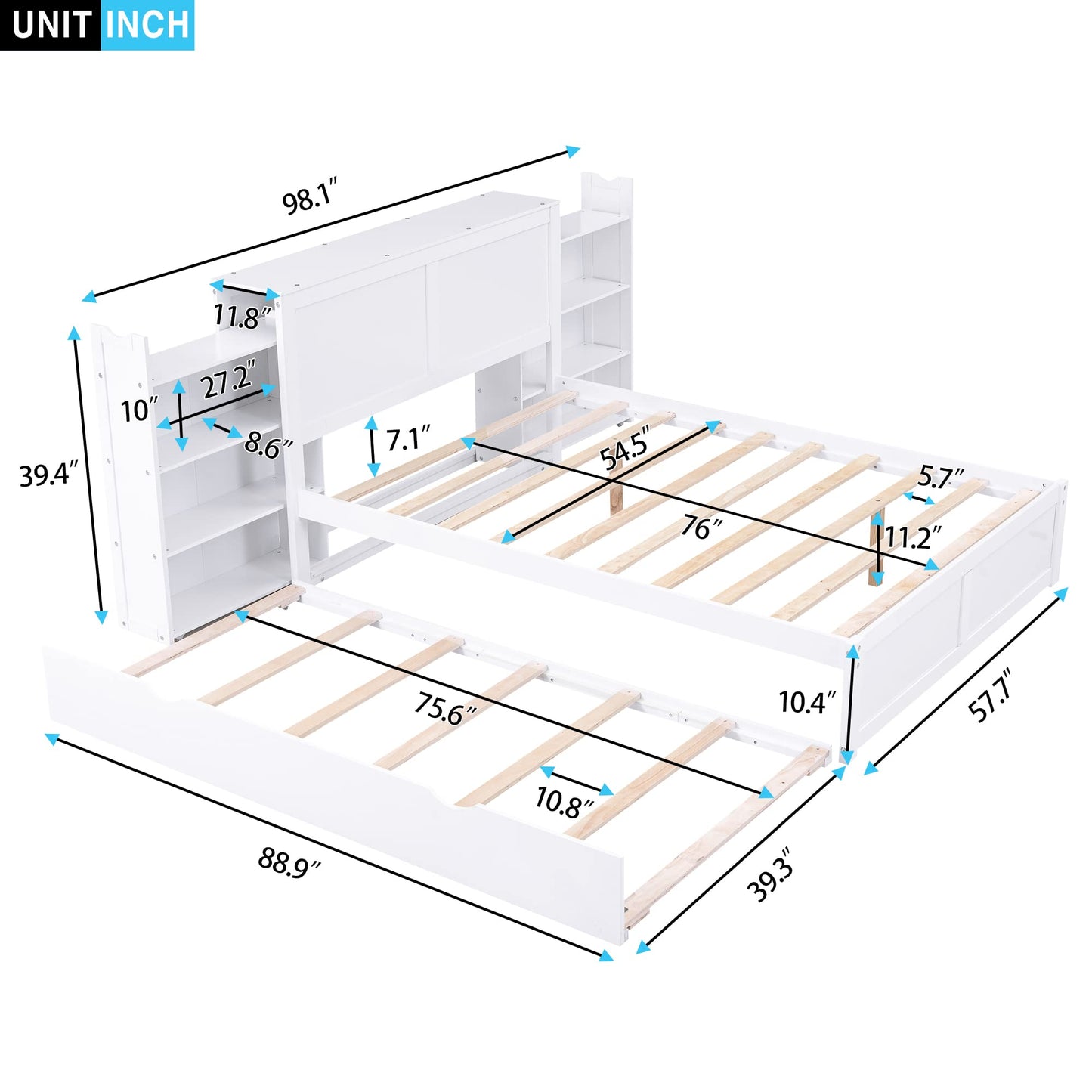 Merax Full Size Storage Platform Bed with Pull Out Shelves and Twin Size Trundle, Wooden Bed Frame with Storage Headboard for Bedroom, No Box Spring Needed