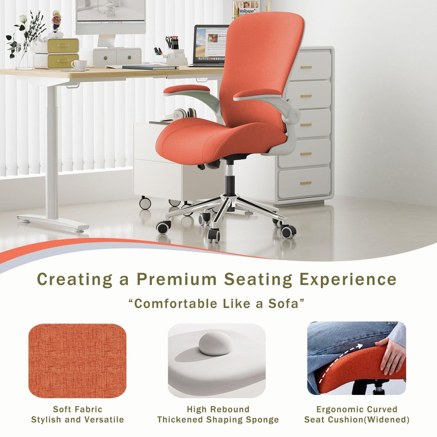 VOTRENIX Orange Ergonomic Office Desk Chair, Soft Fabric Thickened Curved seat Cushion with Adjustable Lumbar Support, Perfect Blend of Comfort and Good Looks, Ideal Chair for Home or Office, Orange