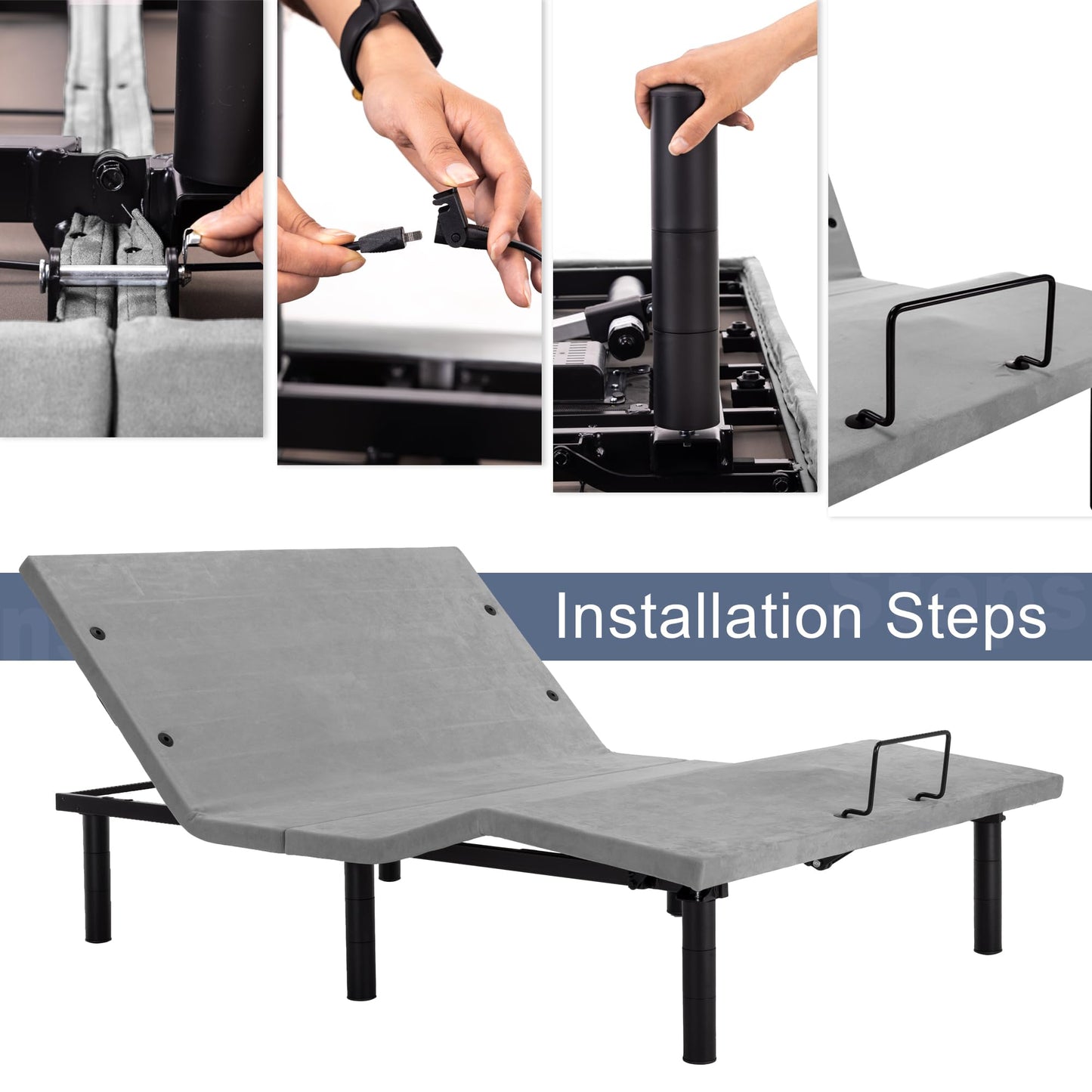 Fromann Adjustable Electric Queen Bed Base Frame with Massage, USB Type-C Ports, Zero Gravity, Under Bed Led Lighting and Three Leg Height (Grey)