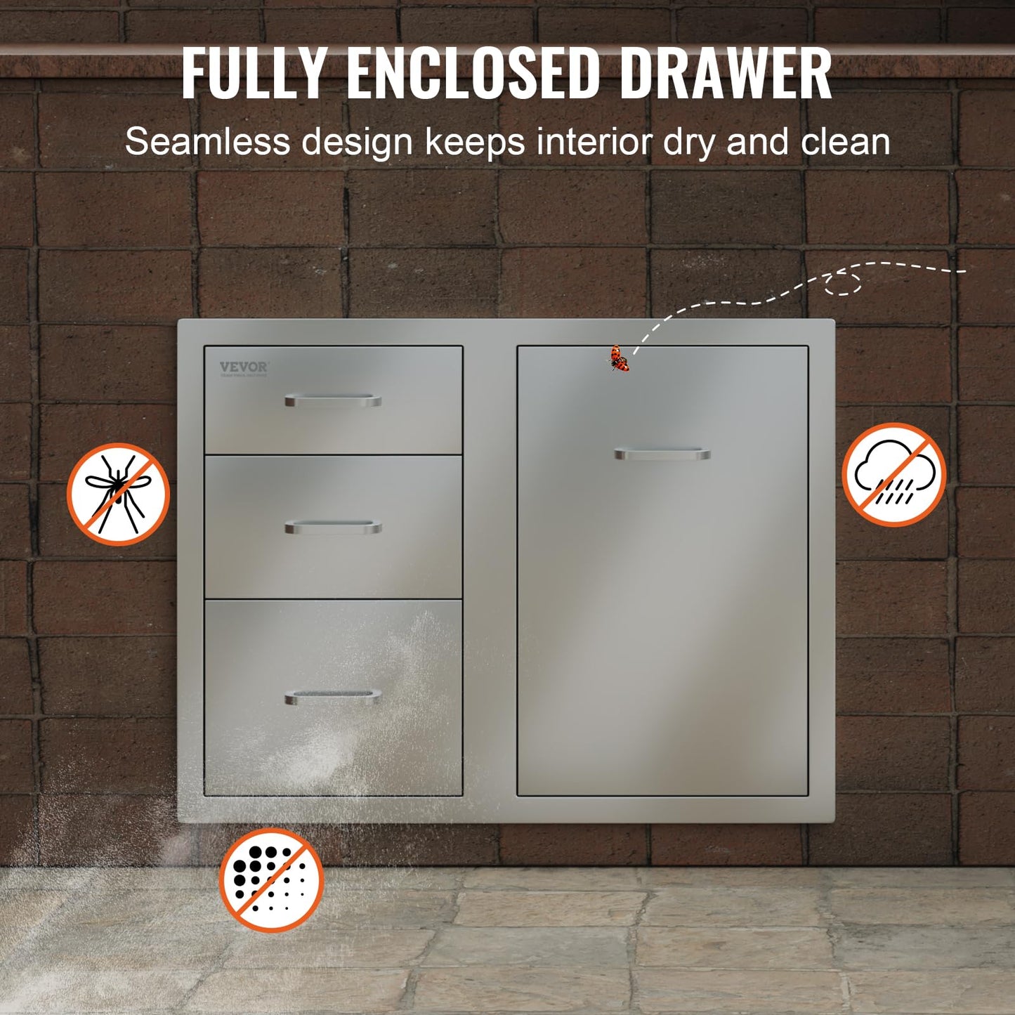 VEVOR Stainless Steel Cabinet, Outdoor Kitchen Door Drawer Combo 29.5" W x 22.6" H x 21.7" D, Access Door/Triple Drawers, Propane Drawer, Adjustable Garbage Ring, BBQ Island Patio Grill Station