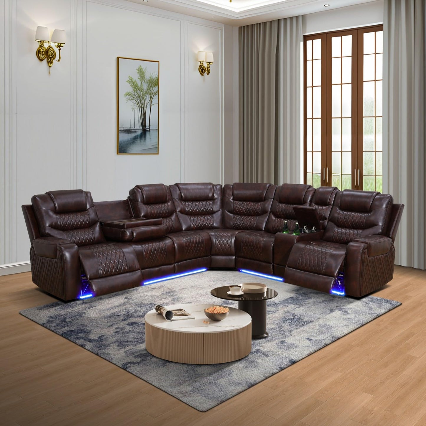 Reclining Sectional, Power Sectional Couch, Leather Sofa Set for Living Room, Comfy Home Theater Seating with USB 2.0 Charging Ports, LED Light Strips, Fold-Down Table & Cupholders (Brown, 3-Piece)